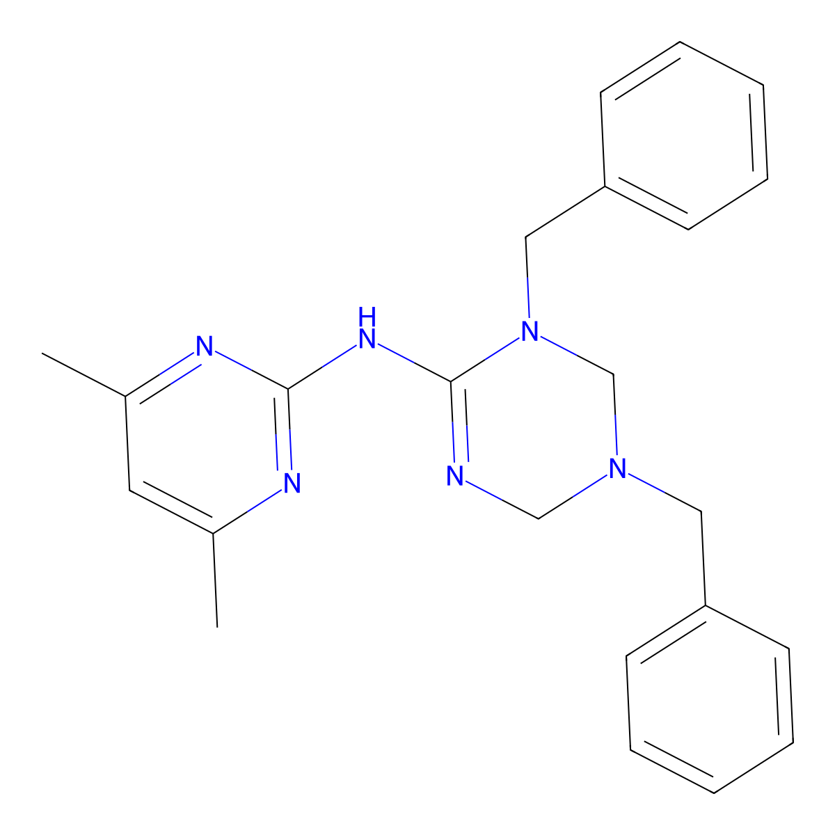 N-(4,6-dimethyl-2-pyrimidinyl)-1,3-bis(phenylmethyl)-2,4-dihydro-1,3,5-triazin-6-amine molecular structure, CAS 85460-40-8