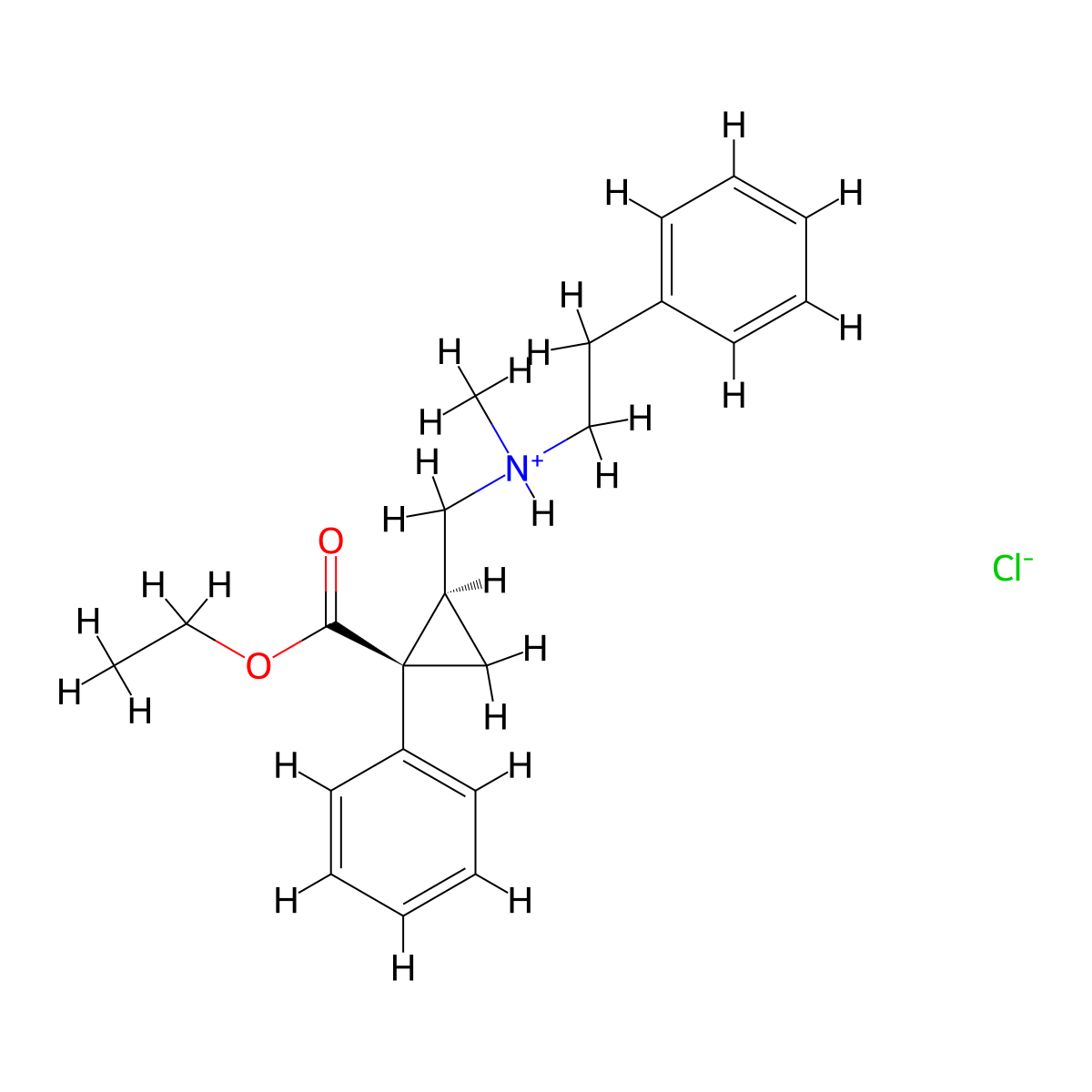 Cyclopropanecarboxylic acid, 2-((methyl(2-phenylethyl)amino)methyl)-1-phenyl-, ethyl ester, hydrochloride, cis- molecular structure, CAS 85467-54-5