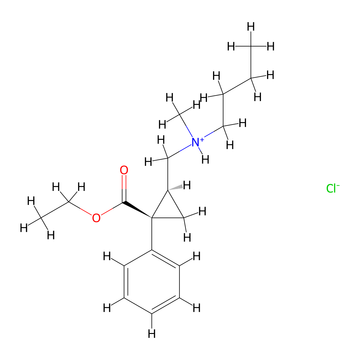 Cyclopropanecarboxylic acid, 2-((butylmethylamino)methyl)-1-phenyl-, ethyl ester, monohydrochloride, cis- molecular structure, CAS 85467-56-7