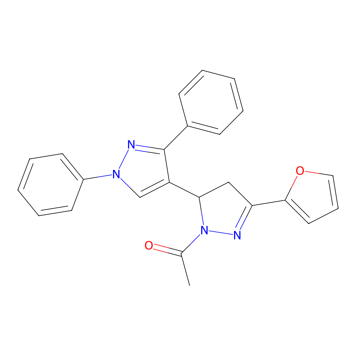 1-(5-(furan-2-yl)-1',3'-diphenyl-3,4-dihydro-1'H,2H-[3,4'-bipyrazol]-2-yl)ethanone molecular structure, CAS 854920-29-9