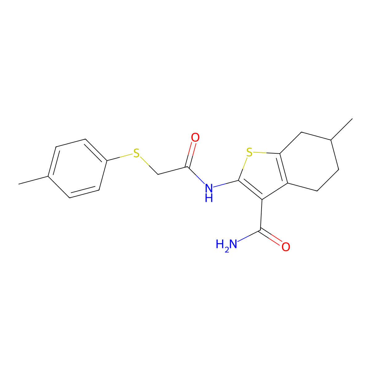 6-Methyl-2-(2-(p-tolylthio)acetamido)-4,5,6,7-tetrahydrobenzo[b]thiophene-3-carboxamide molecular structure, CAS 854978-37-3
