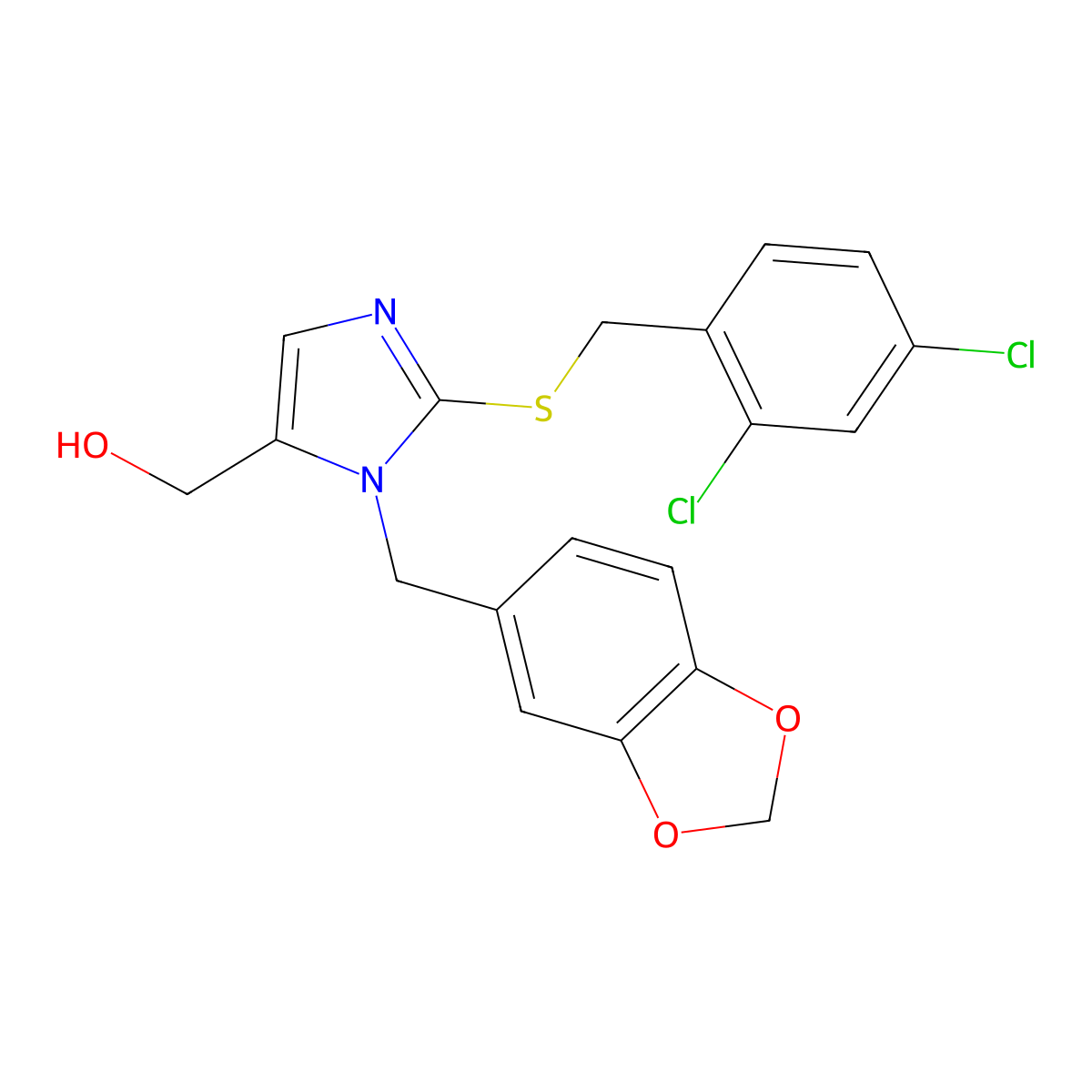 (1-(benzo[d][1,3]dioxol-5-ylmethyl)-2-((2,4-dichlorobenzyl)thio)-1H-imidazol-5-yl)methanol molecular structure, CAS 855130-66-4