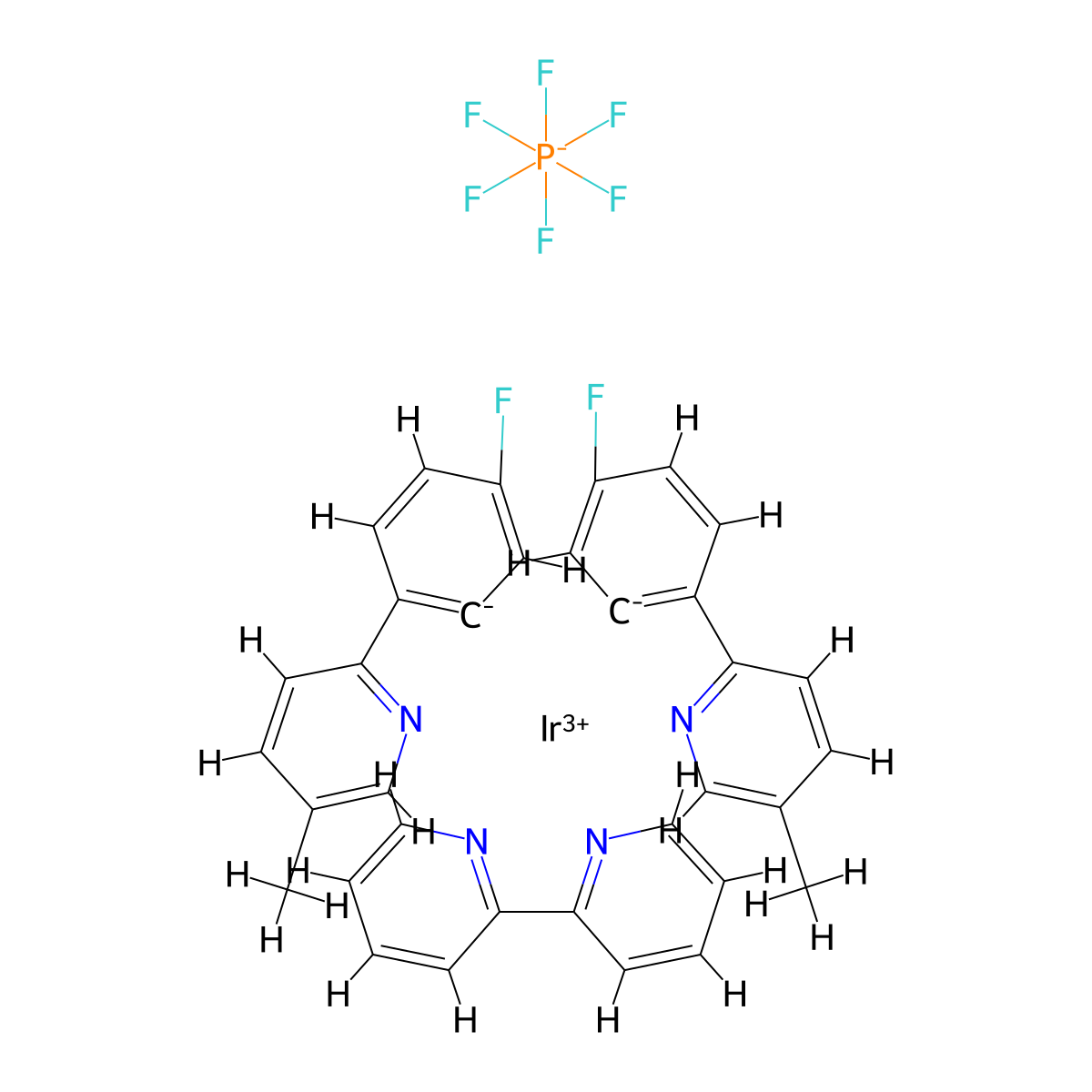 Iridium-(2,2'-bipyridine-κN1,κN1')bis[5-fluoro-2-(5-methyl-2-pyridinyl-κN)phenyl-κC]-(OC-6-33)-hexafluorophosphate molecular structure, CAS 855523-54-5