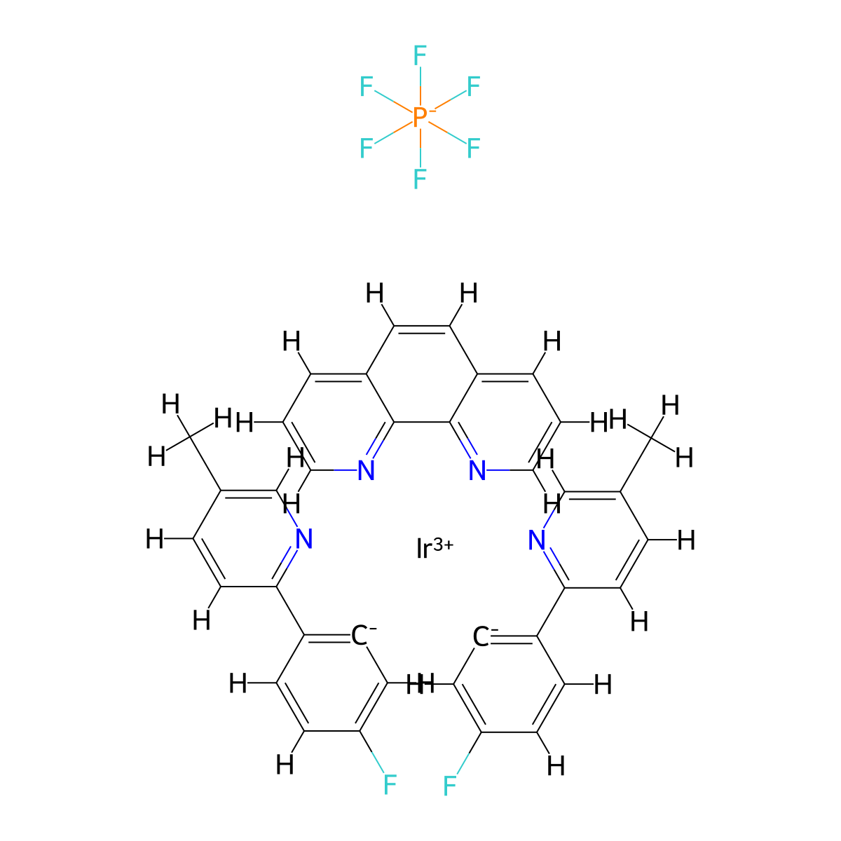 Iridium-bis[5-fluoro-2-(5-methyl-2-pyridinyl-κN)phenyl-κC](1,10-phenanthroline-κN1,κN10)-(OC-6-13)-hexafluorophosphate molecular structure, CAS 855523-57-8