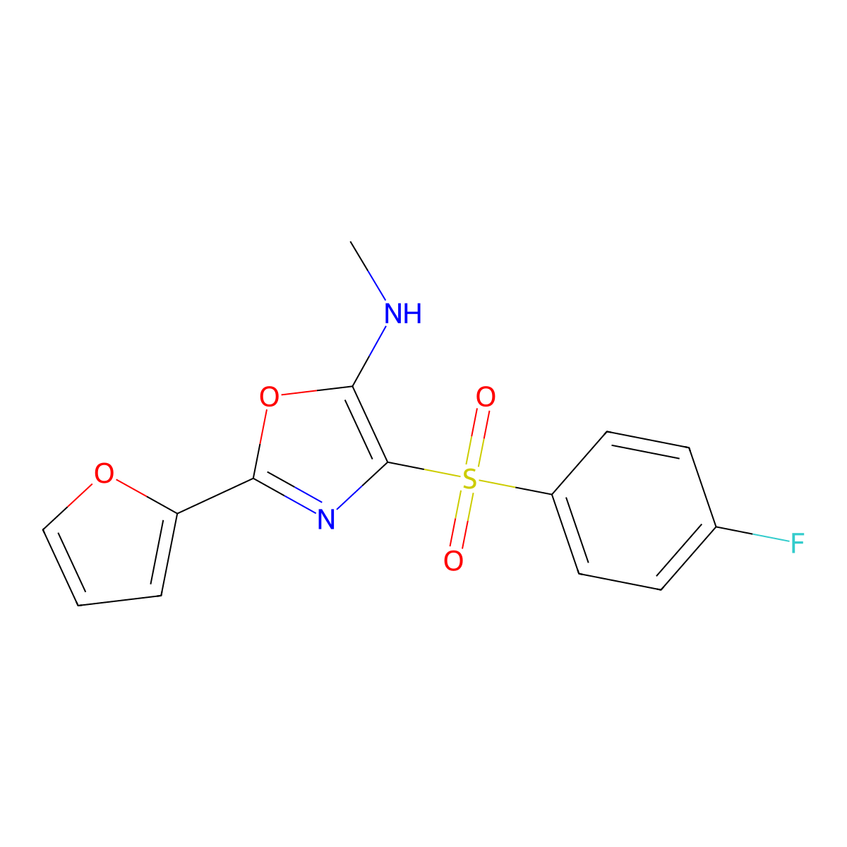 4-((4-fluorophenyl)sulfonyl)-2-(furan-2-yl)-N-methyloxazol-5-amine molecular structure, CAS 855714-67-9