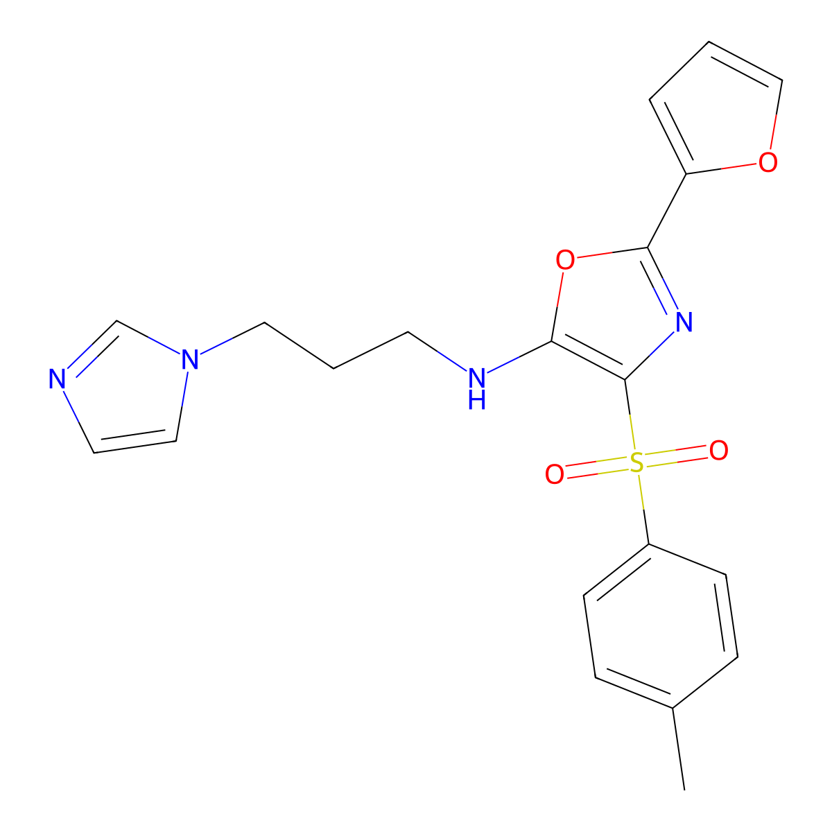 2-(furan-2-yl)-N-[3-(1H-imidazol-1-yl)propyl]-4-(4-methylbenzenesulfonyl)-1,3-oxazol-5-amine molecular structure, CAS 855714-68-0