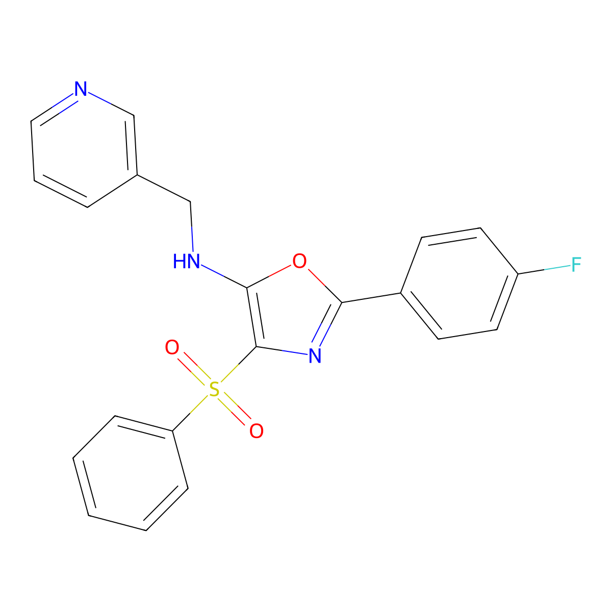 4-(benzenesulfonyl)-2-(4-fluorophenyl)-N-[(pyridin-3-yl)methyl]-1,3-oxazol-5-amine molecular structure, CAS 855714-82-8
