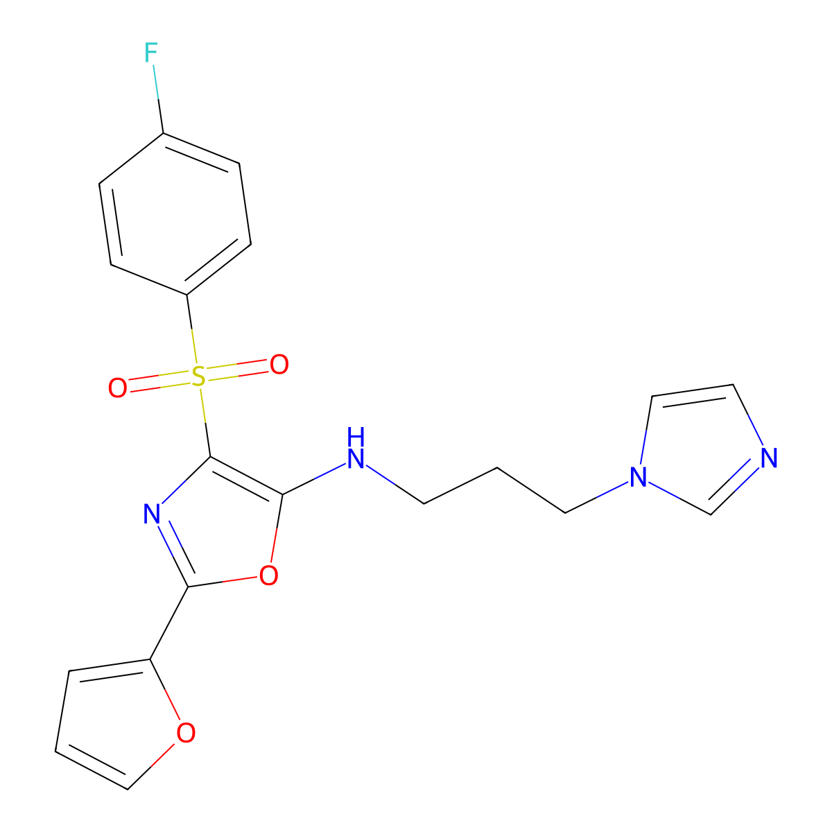 N-(3-(1H-imidazol-1-yl)propyl)-4-((4-fluorophenyl)sulfonyl)-2-(furan-2-yl)oxazol-5-amine molecular structure, CAS 855714-91-9