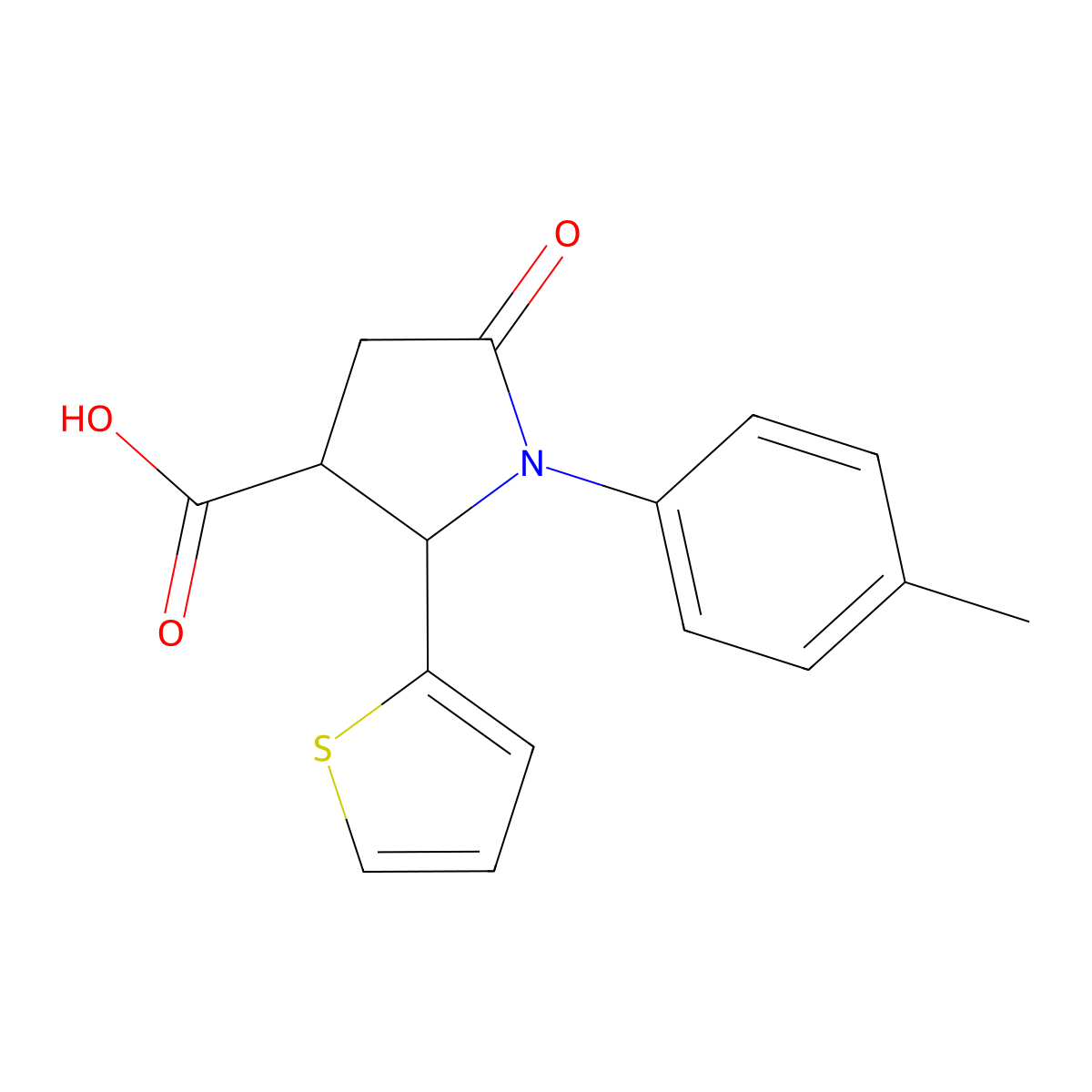 1-(4-Methylphenyl)-5-oxo-2-(thiophen-2-yl)pyrrolidine-3-carboxylic acid molecular structure, CAS 855715-09-2
