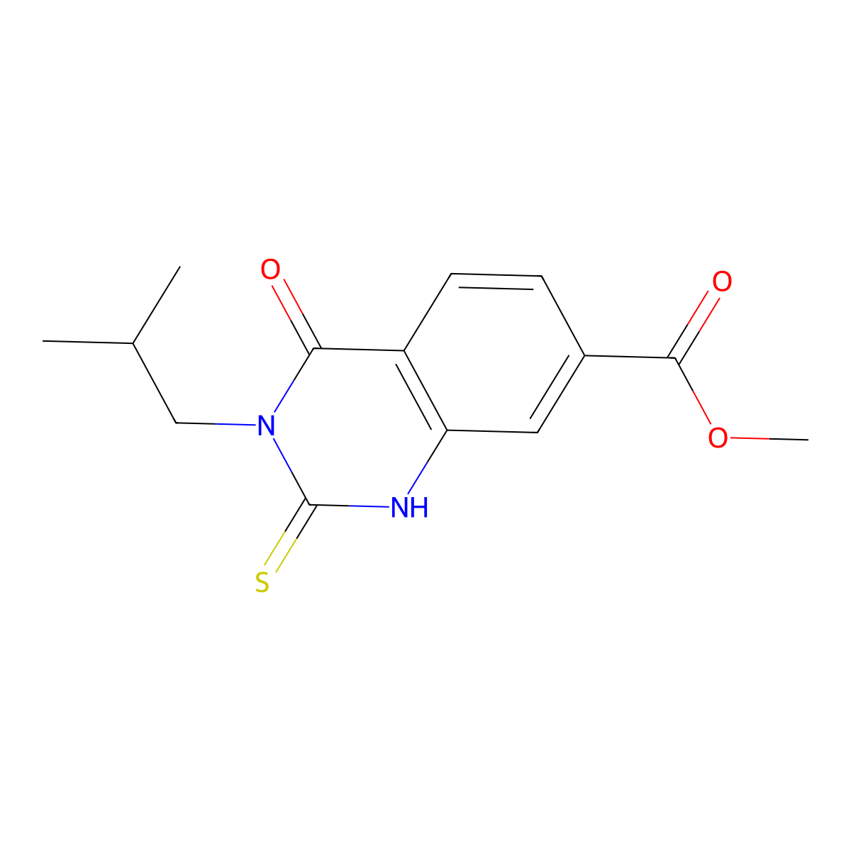 Methyl 3-(2-methylpropyl)-4-oxo-2-sulfanyl-3,4-dihydroquinazoline-7-carboxylate molecular structure, CAS 855715-37-6