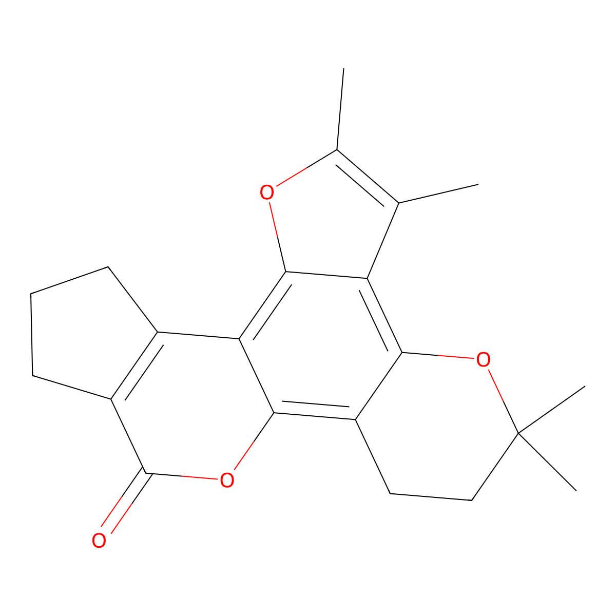 2,3,5,5-tetramethyl-6,7,11,12-tetrahydro-5H-cyclopenta[c]furo[2,3-f]pyrano[2,3-h]chromen-9(10H)-one molecular structure, CAS 855779-31-6