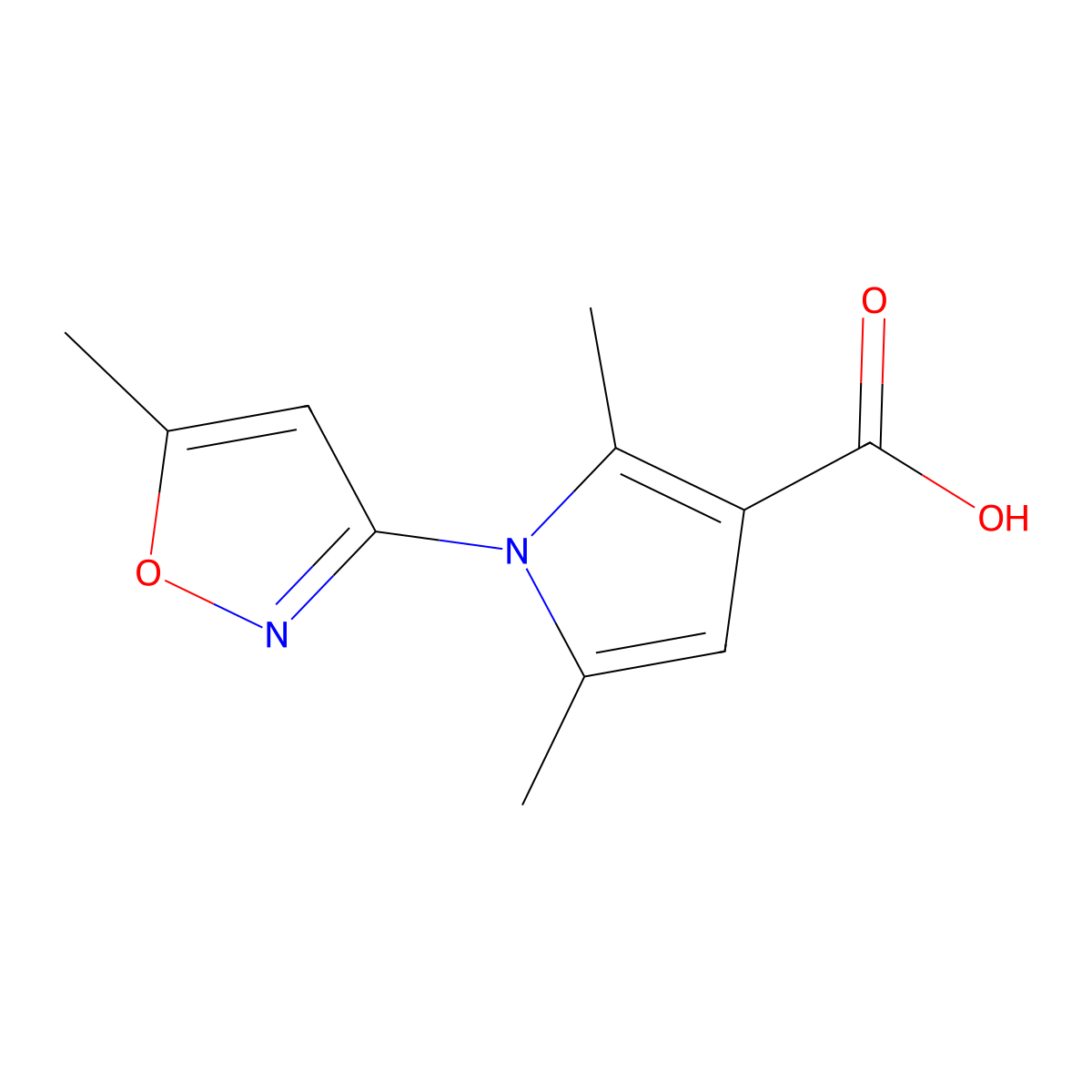 2,5-dimethyl-1-(5-methyl-1,2-oxazol-3-yl)-1H-pyrrole-3-carboxylic acid molecular structure, CAS 855991-76-3