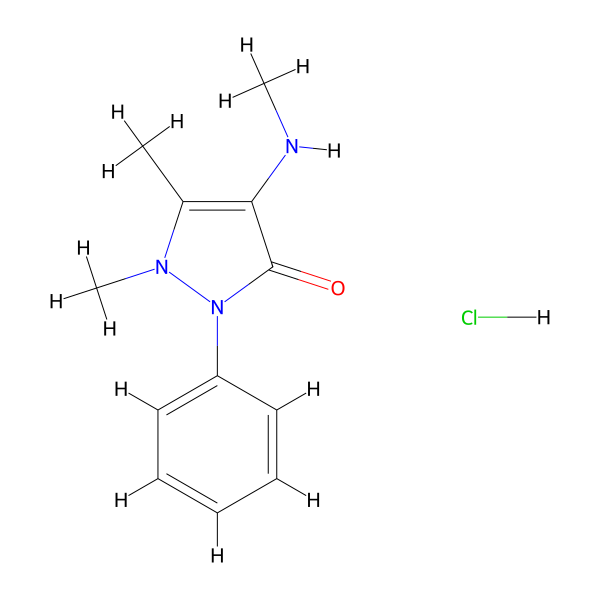 1,5-dimethyl-4-(methylamino)-2-phenyl-1,2-dihydro-3H-pyrazol-3-one hydrochloride molecular structure, CAS 856307-27-2