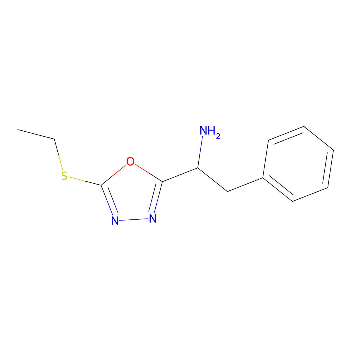 1-(5-Ethylsulfanyl-[1,3,4]oxadiazol-2-yl)-2-phenyl-ethylamine molecular structure, CAS 856436-81-2