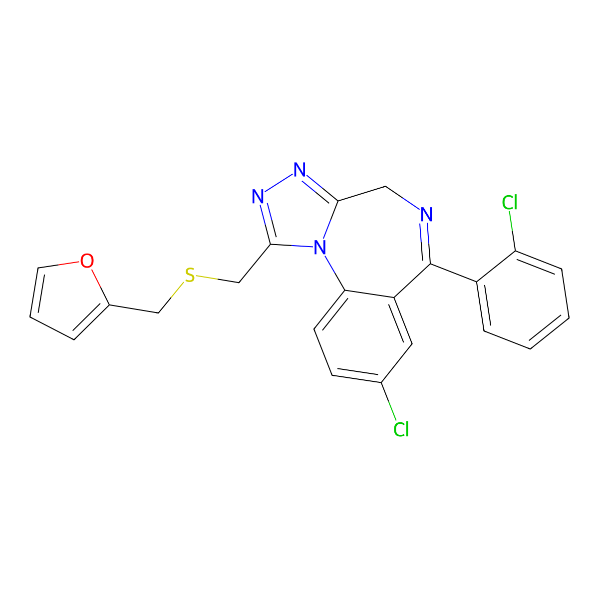 4H-(1,2,4)Triazolo(4,3-a)(1,4)benzodiazepine, 8-chloro-6-(2-chlorophenyl)-1-(((2-furanylmethyl)thio)methyl)- molecular structure, CAS 85677-76-5