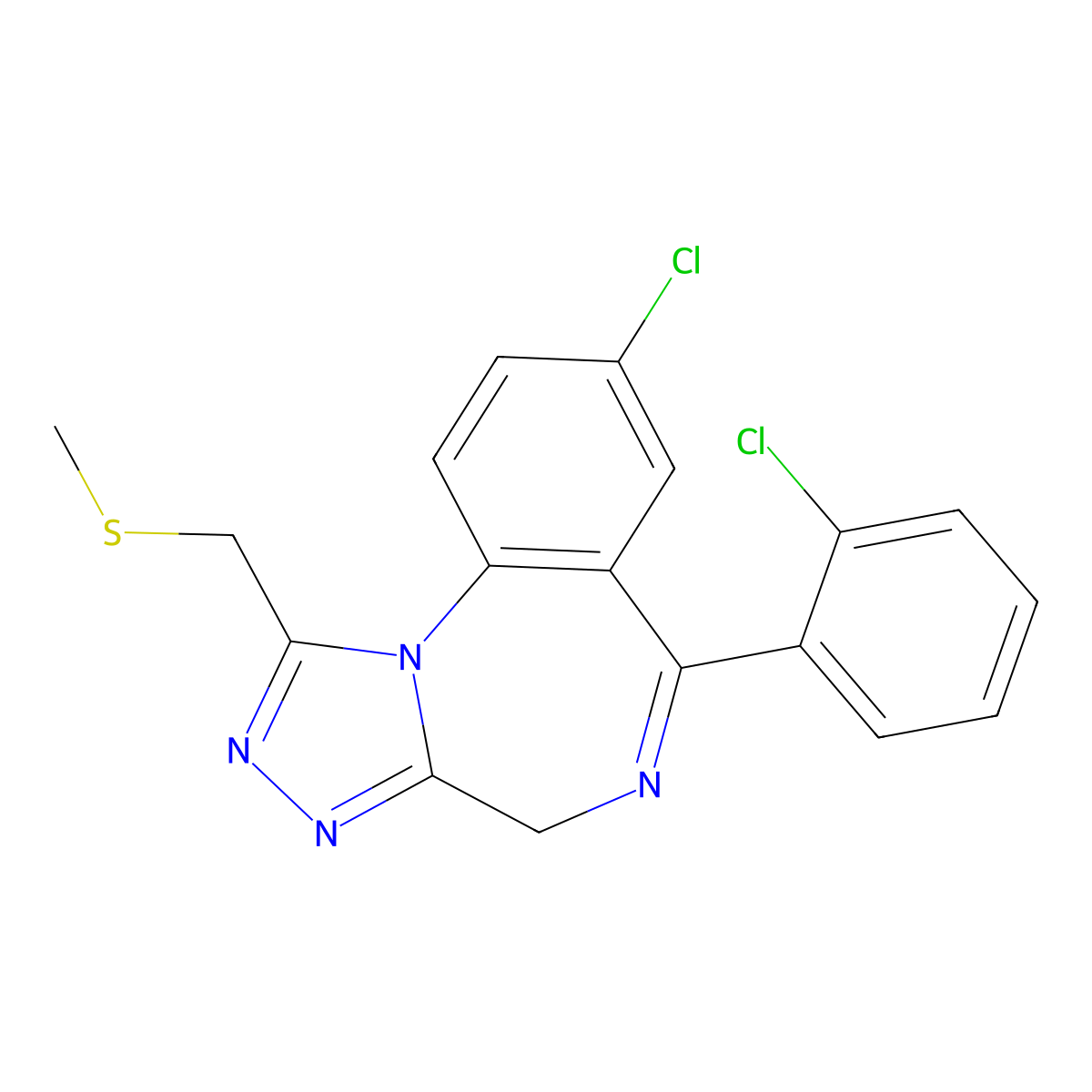 4H-(1,2,4)Triazolo(4,3-a)(1,4)benzodiazepine, 8-chloro-6-(2-chlorophenyl)-1-((methylthio)methyl)- molecular structure, CAS 85677-79-8