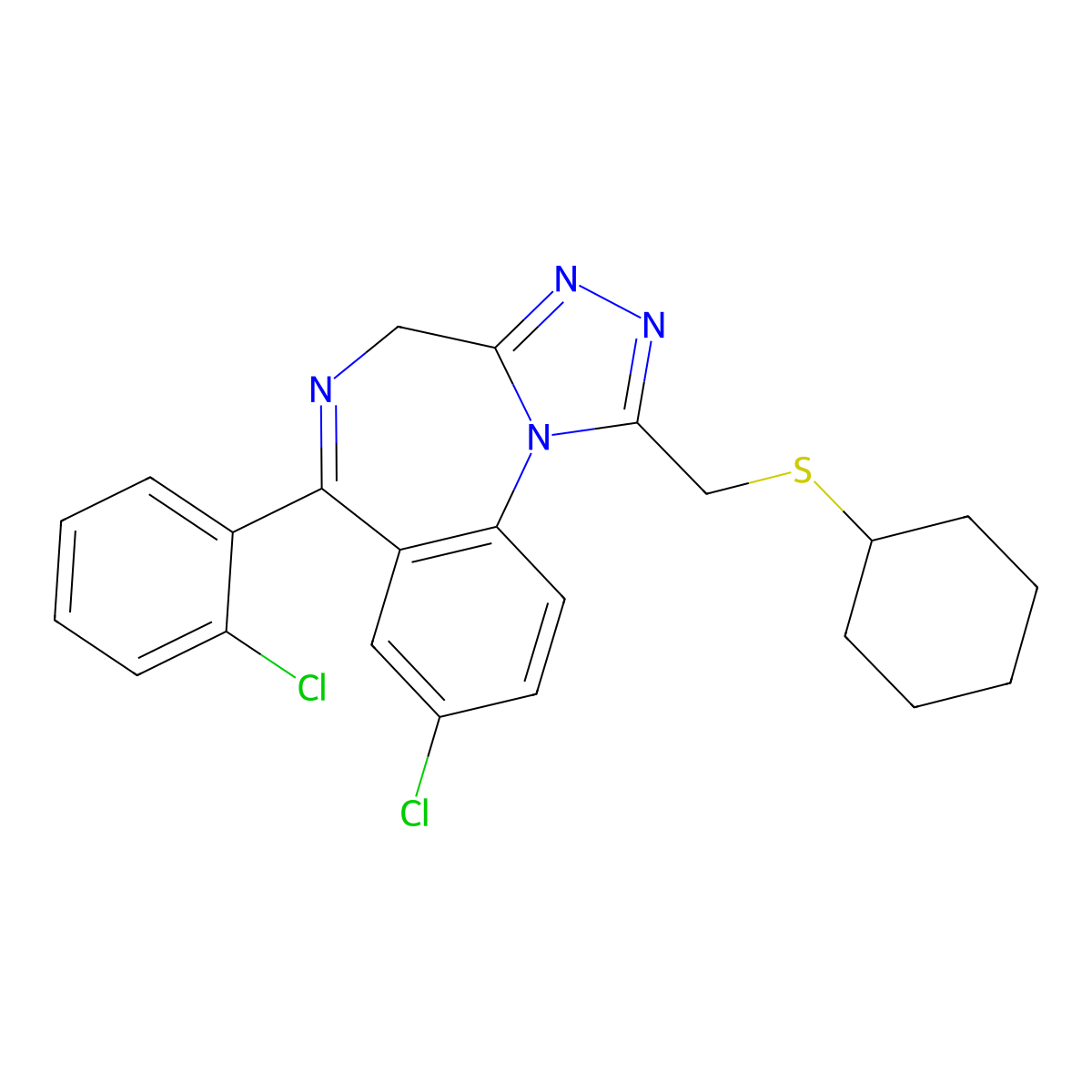 4H-(1,2,4)Triazolo(4,3-a)(1,4)benzodiazepine, 8-chloro-6-(2-chlorophenyl)-1-((cyclohexylthio)methyl)- molecular structure, CAS 85677-80-1