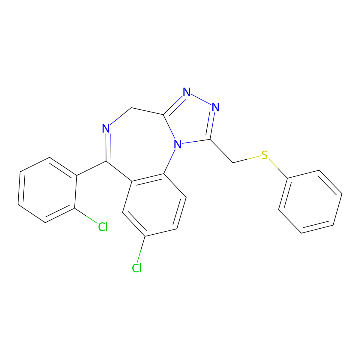 4H-(1,2,4)Triazolo(4,3-a)(1,4)benzodiazepine, 8-chloro-6-(2-chlorophenyl)-1-((phenylthio)methyl)- molecular structure, CAS 85677-81-2