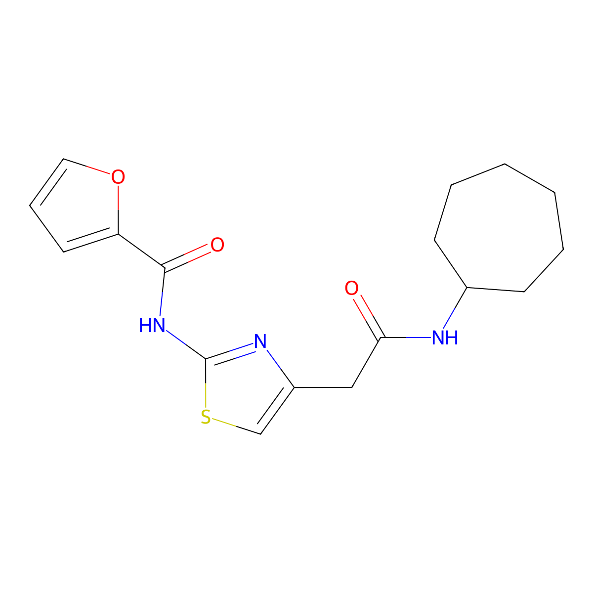 N-(4-(2-(cycloheptylamino)-2-oxoethyl)thiazol-2-yl)furan-2-carboxamide molecular structure, CAS 857040-20-1