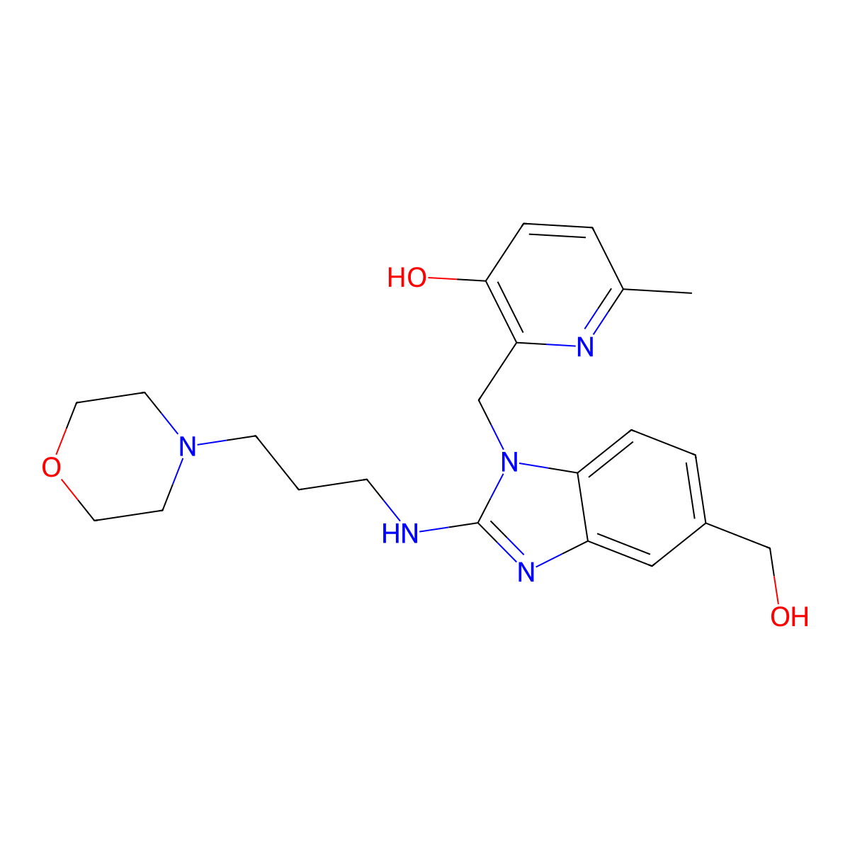 2-((5-(hydroxymethyl)-2-((3-morpholinopropyl)amino)-1H-benzo[d]imidazol-1-yl)methyl)-6-methylpyridin-3-ol molecular structure, CAS 857067-39-1