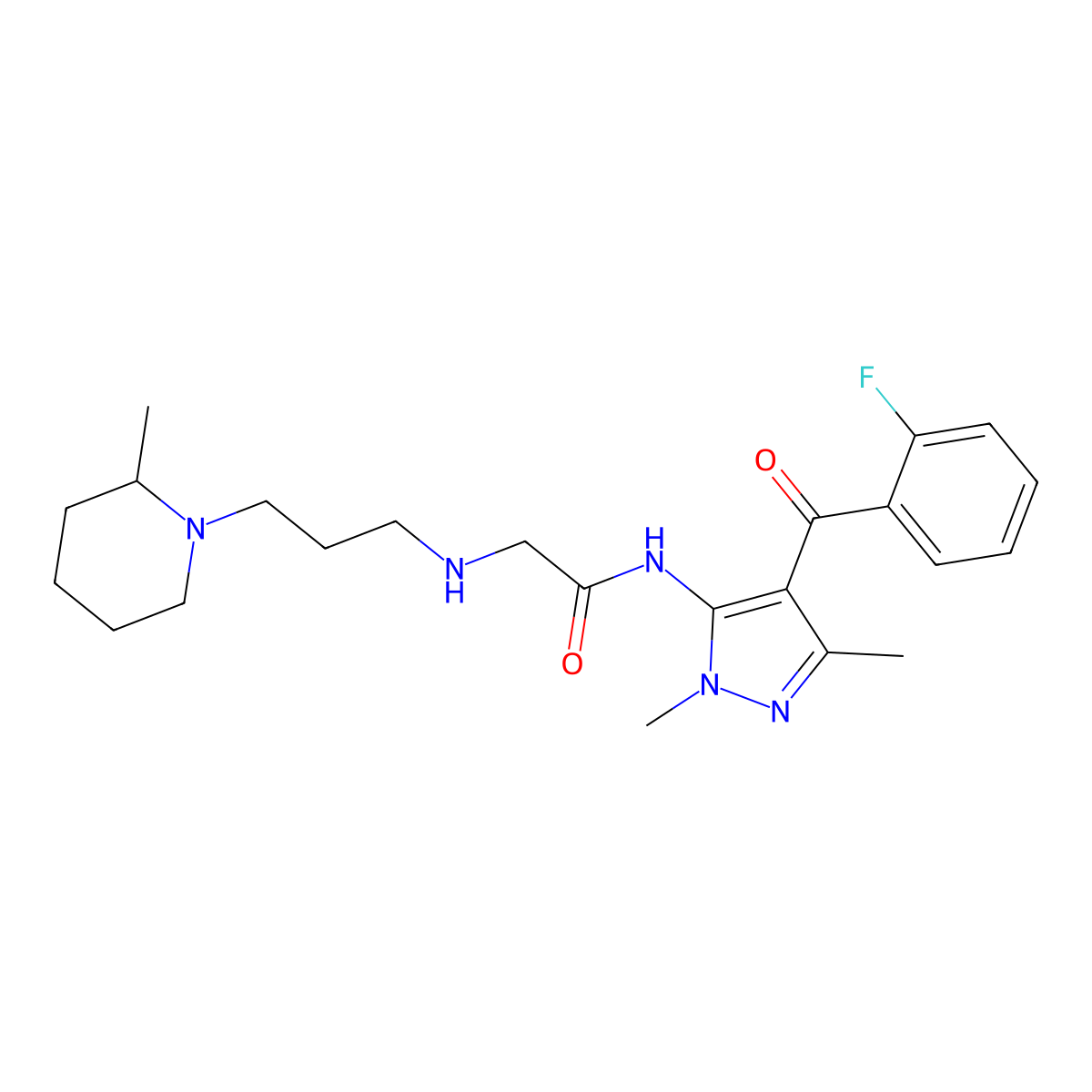 Acetamide, N-(1,3-dimethyl-4-(o-fluorobenzoyl)-5-pyrazolyl)-2-((3-(2-methylpiperidino)propyl)amino)- molecular structure, CAS 85723-20-2