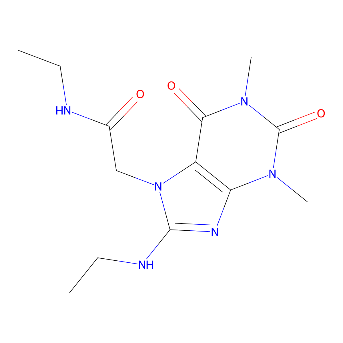 N-ethyl-2-(8-(ethylamino)-1,3-dimethyl-2,6-dioxo-2,3-dihydro-1H-purin-7(6H)-yl)acetamide molecular structure, CAS 857401-06-0