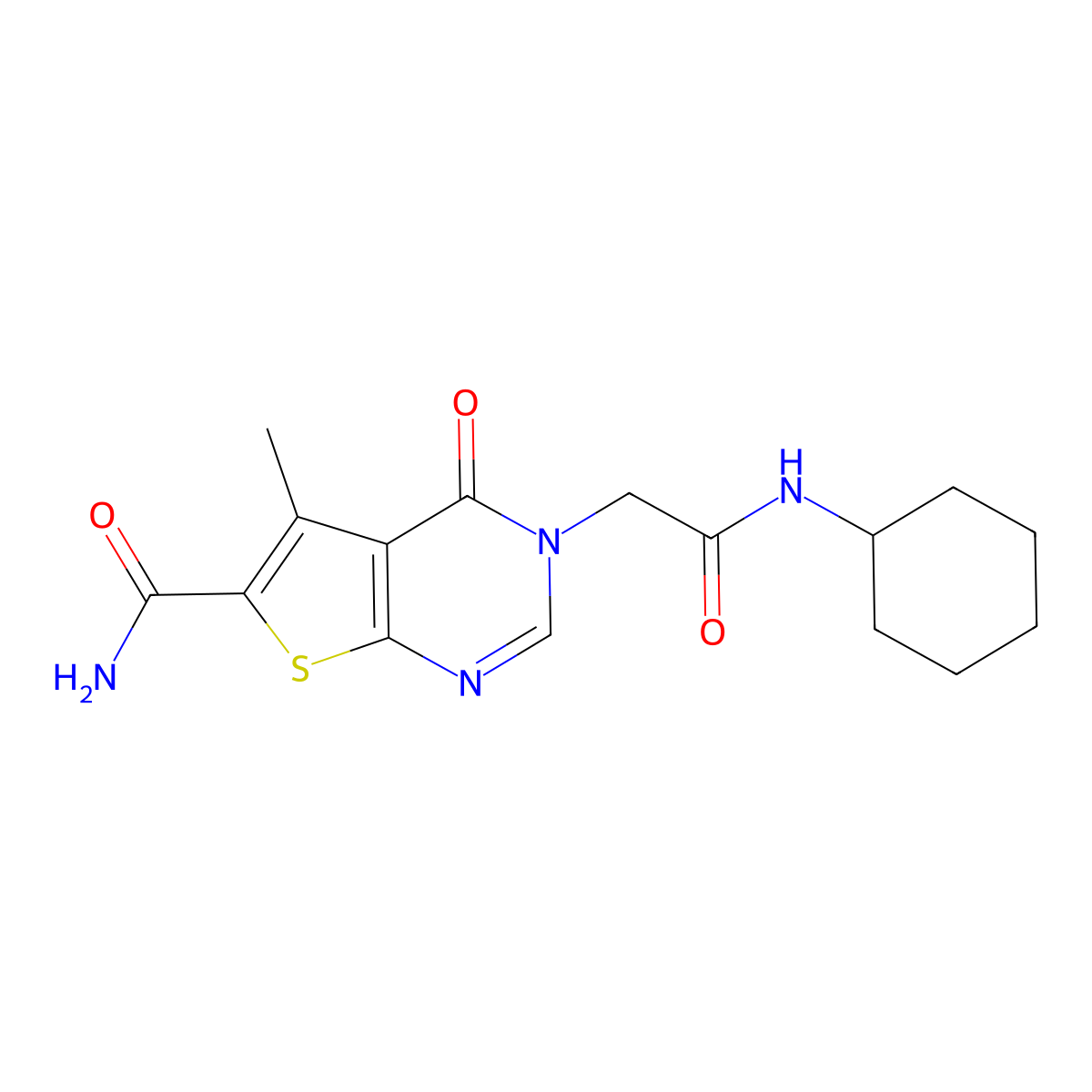 3-[2-(Cyclohexylamino)-2-oxoethyl]-5-methyl-4-oxothieno[2,3-d]pyrimidine-6-carboxamide molecular structure, CAS 857490-97-2