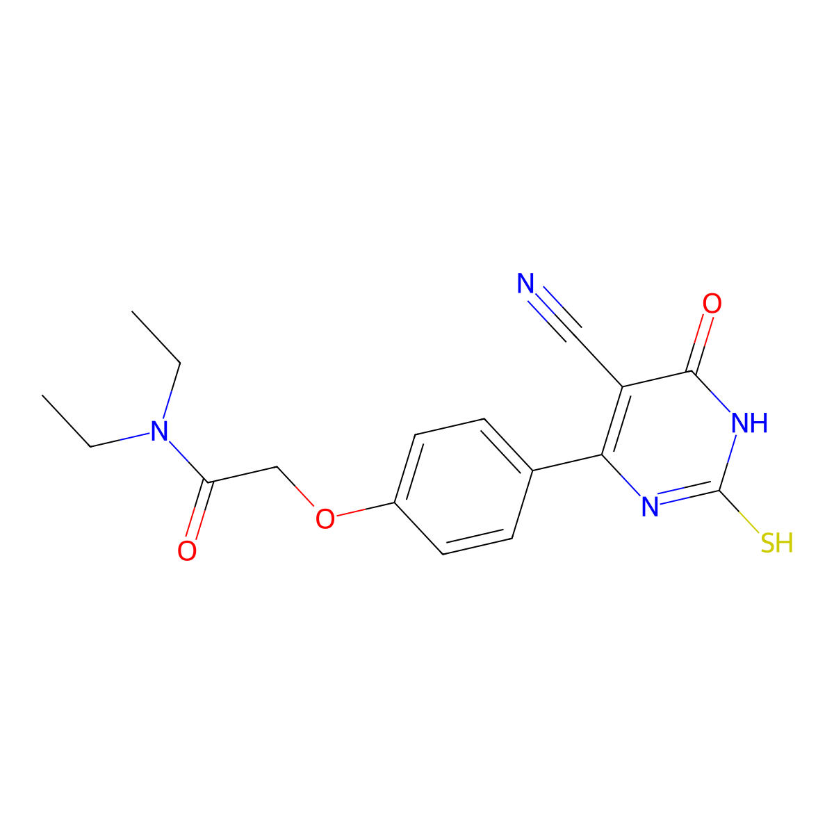 2-[4-(5-cyano-4-oxo-2-sulfanylidene-1H-pyrimidin-6-yl)phenoxy]-N,N-diethylacetamide molecular structure, CAS 857493-70-0