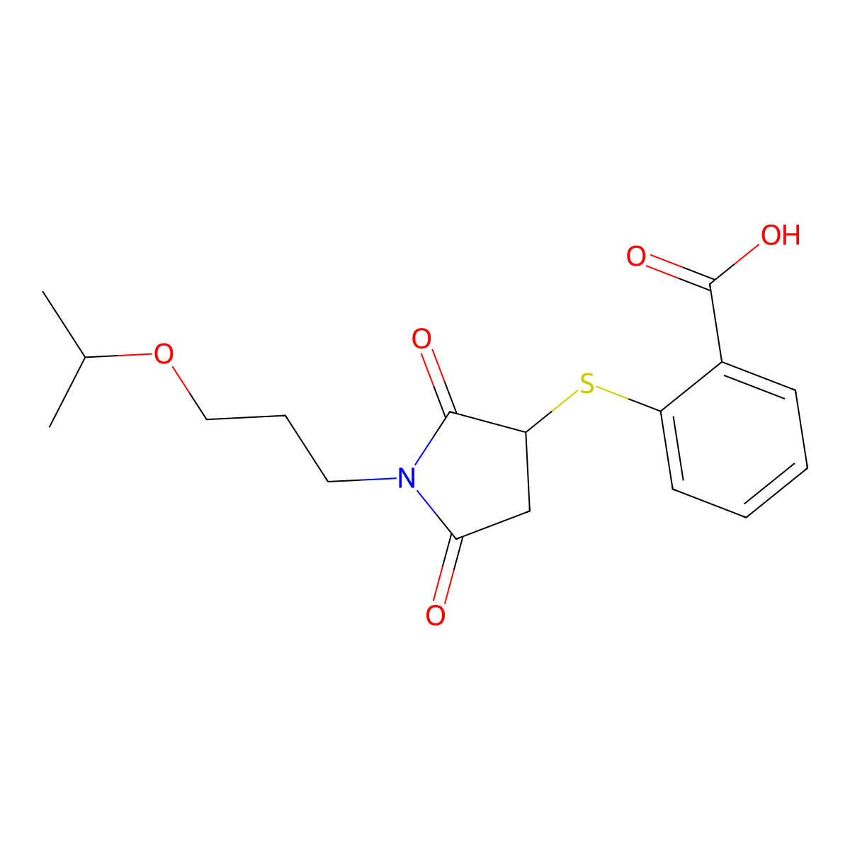 2-((1-(3-Isopropoxypropyl)-2,5-dioxopyrrolidin-3-yl)thio)benzoic acid molecular structure, CAS 857493-93-7