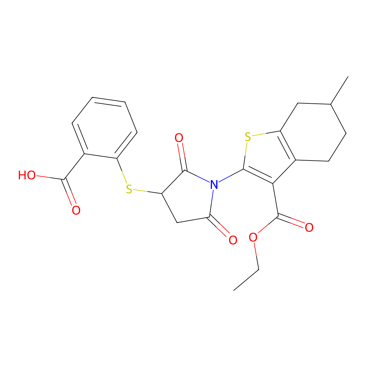 2-({1-[3-(Ethoxycarbonyl)-6-methyl-4,5,6,7-tetrahydro-1-benzothiophen-2-yl]-2,5-dioxopyrrolidin-3-yl}sulfanyl)benzoic acid molecular structure, CAS 857493-94-8