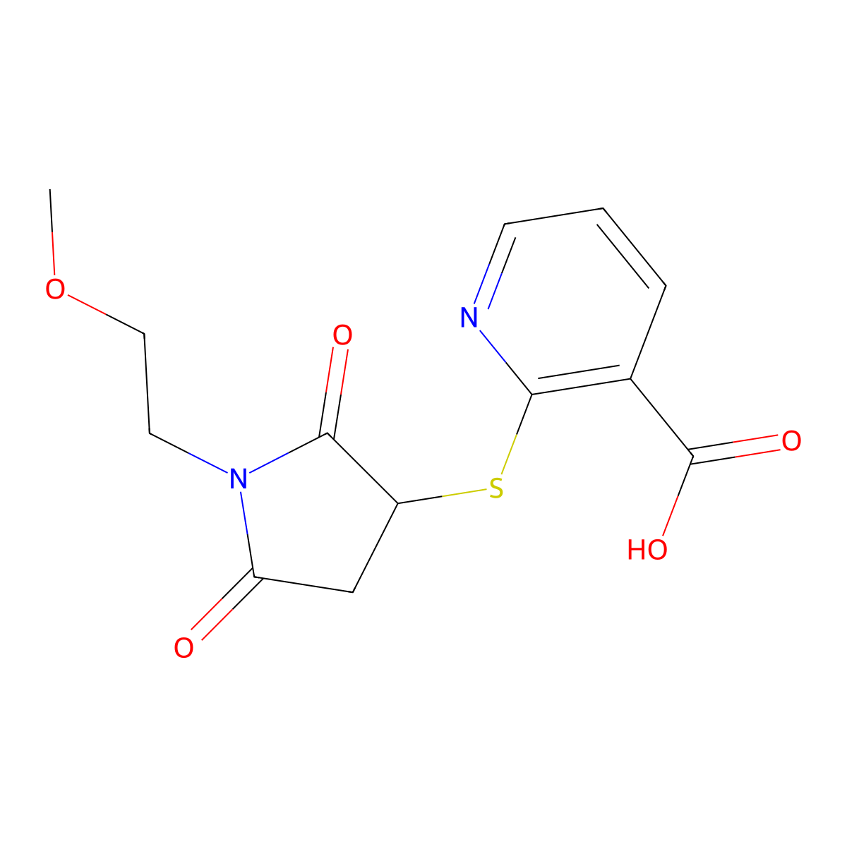2-((1-(2-Methoxyethyl)-2,5-dioxopyrrolidin-3-yl)thio)nicotinic acid molecular structure, CAS 857494-02-1