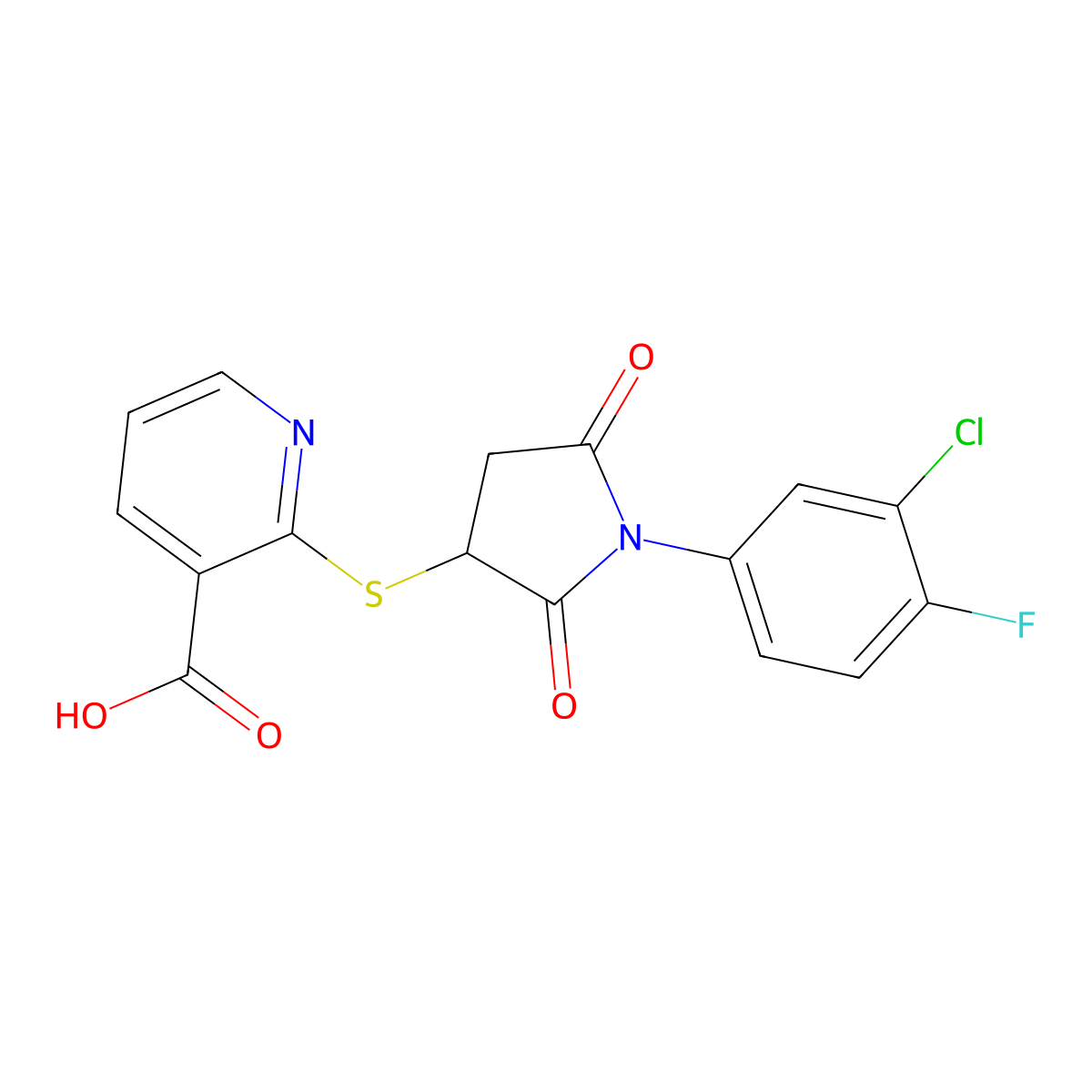 2-((1-(3-Chloro-4-fluorophenyl)-2,5-dioxopyrrolidin-3-yl)thio)nicotinic acid molecular structure, CAS 857494-03-2