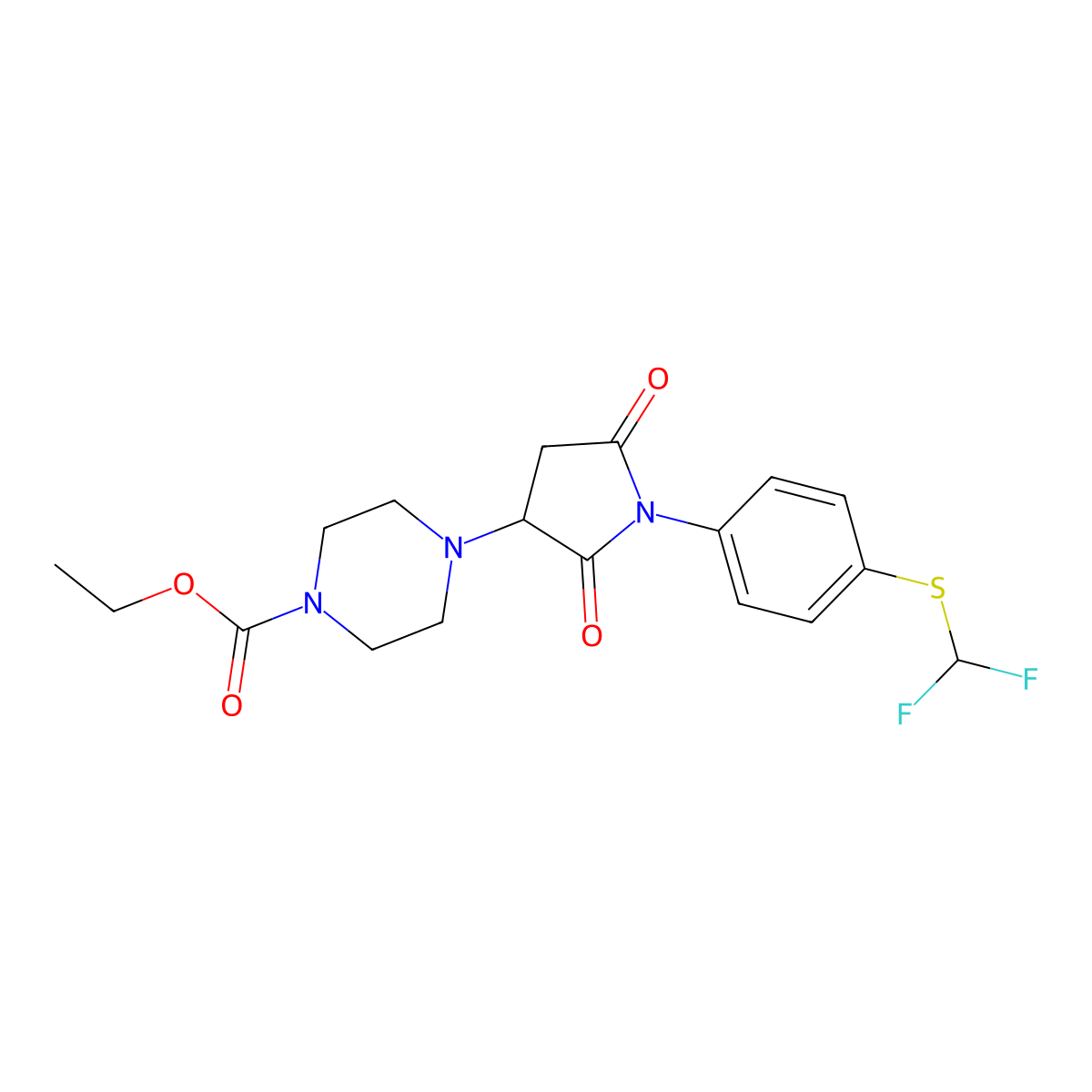 Ethyl 4-[1-[4-(difluoromethylsulfanyl)phenyl]-2,5-dioxopyrrolidin-3-yl]piperazine-1-carboxylate molecular structure, CAS 857494-09-8