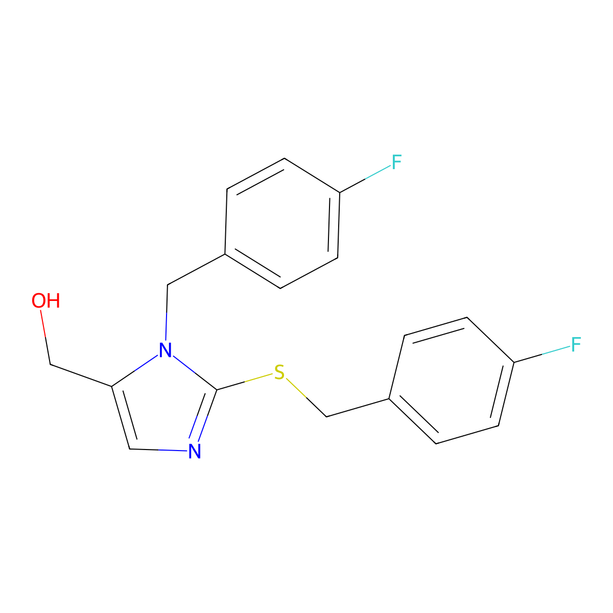 (1-(4-fluorobenzyl)-2-((4-fluorobenzyl)thio)-1H-imidazol-5-yl)methanol molecular structure, CAS 858080-73-6