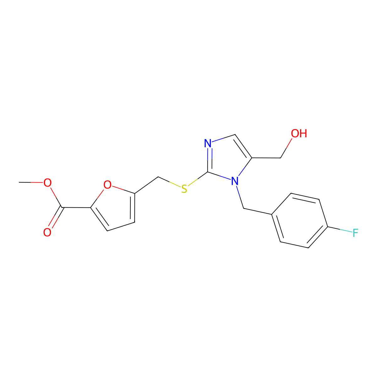 methyl 5-(((1-(4-fluorobenzyl)-5-(hydroxymethyl)-1H-imidazol-2-yl)thio)methyl)furan-2-carboxylate molecular structure, CAS 858094-53-8