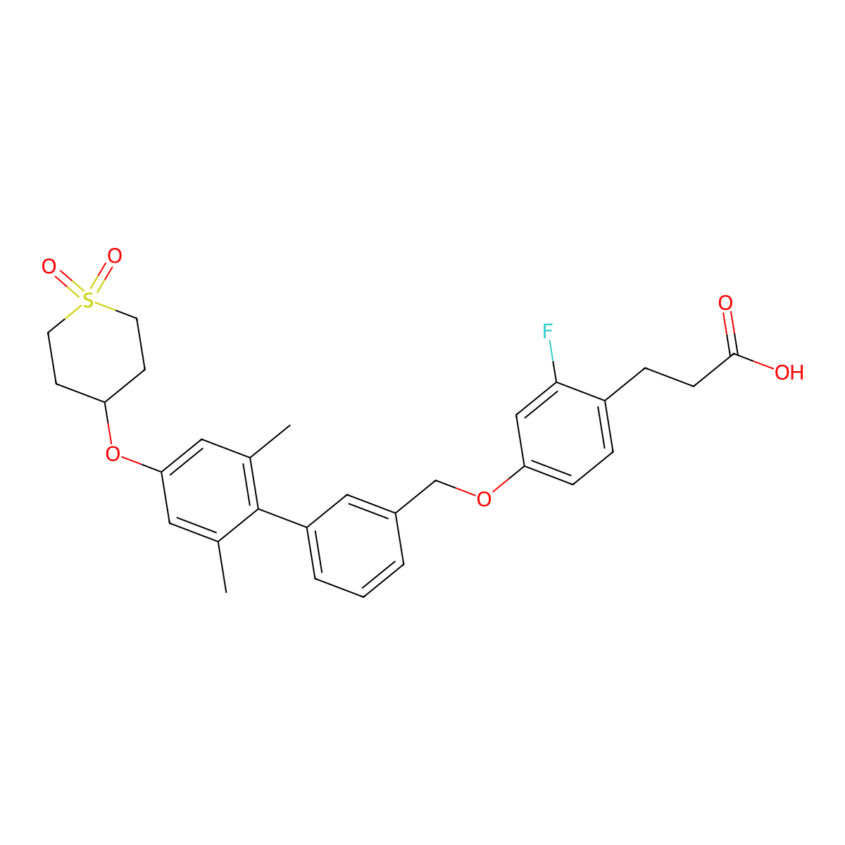 3-[4-[[3-[4-(1,1-Dioxothian-4-yl)oxy-2,6-dimethylphenyl]phenyl]methoxy]-2-fluorophenyl]propanoic acid molecular structure, CAS 858097-86-6