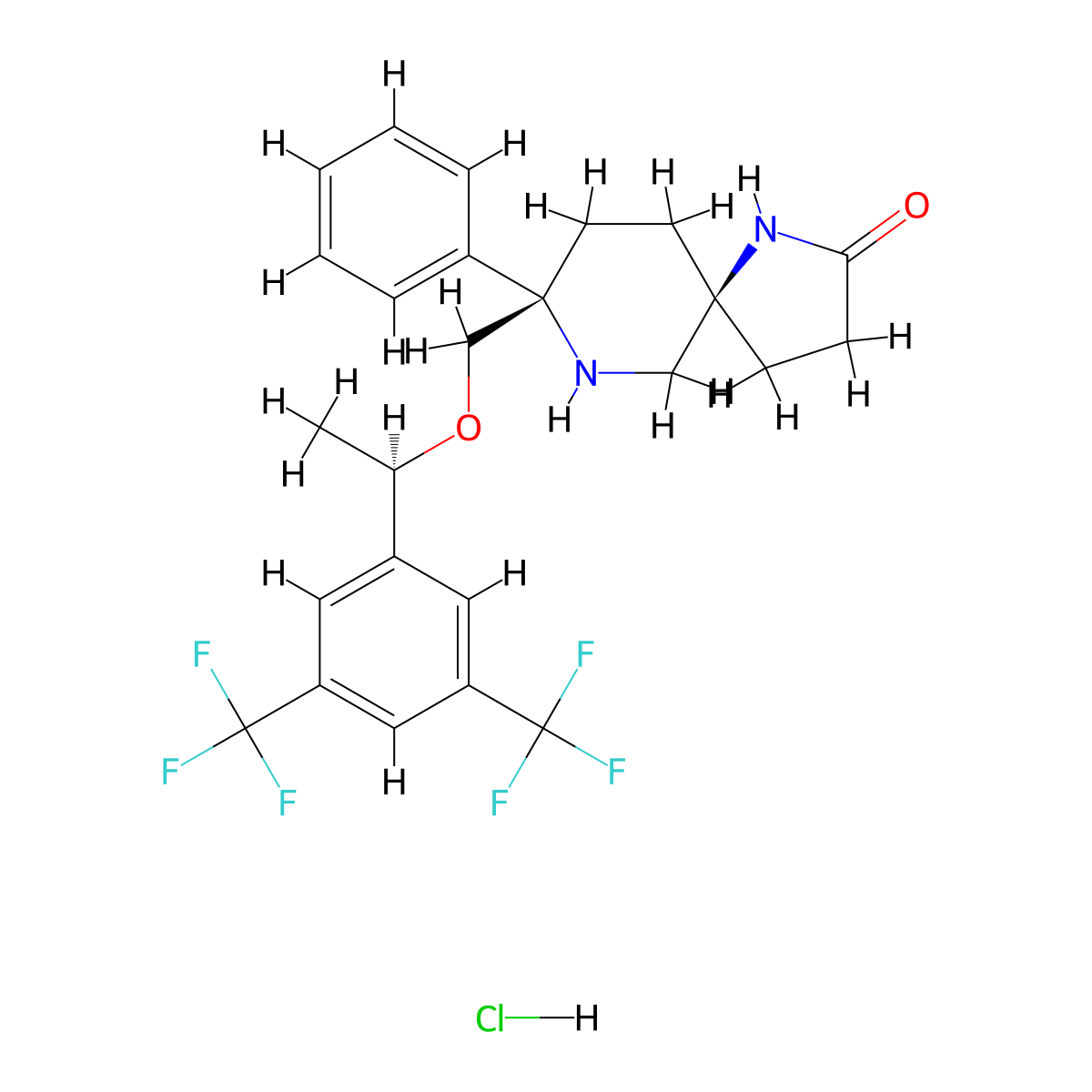 (5S,8S)-8-[[(1R)-1-[3,5-bis(trifluoromethyl)phenyl]ethoxy]methyl]-8-phenyl-1,9-diazaspiro[4.5]decan-2-one;hydrochloride molecular structure, CAS 858102-79-1