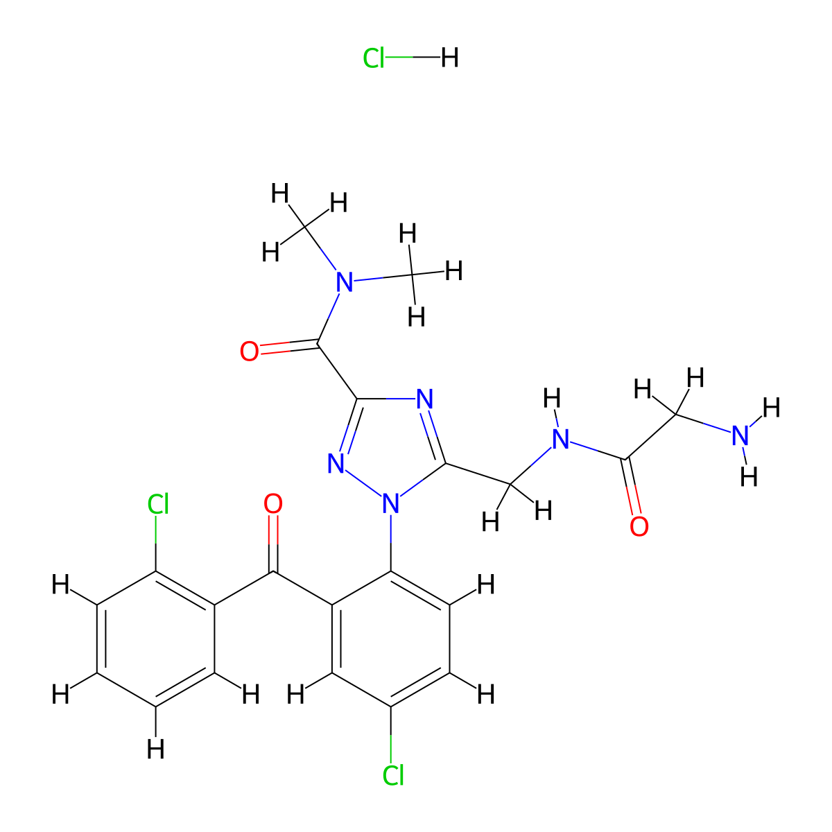 1H-1,2,4-Triazole-3-carboxamide, 5-(((2-aminoacetyl)amino)methyl)-1-(4-chloro-2-(2-chlorobenzoyl)phenyl)-N,N-dimethyl-, hydrochloride (1:1) molecular structure, CAS 85815-37-8