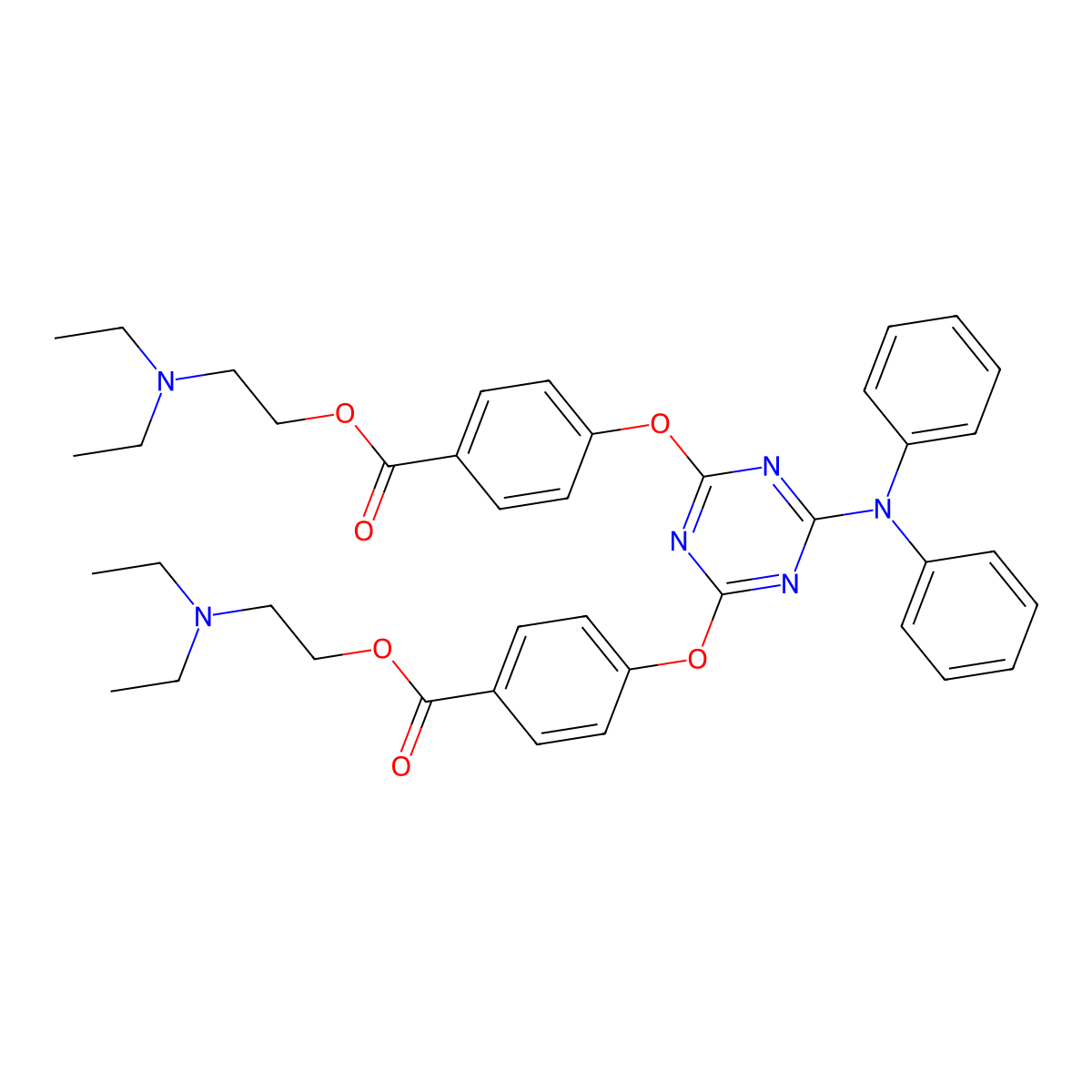 Benzoic acid, 4,4'-((6-(diphenylamino)-1,3,5-triazine-2,4-diyl)bis(oxy))bis-, bis(2-(diethylamino)ethyl) ester molecular structure, CAS 85826-18-2