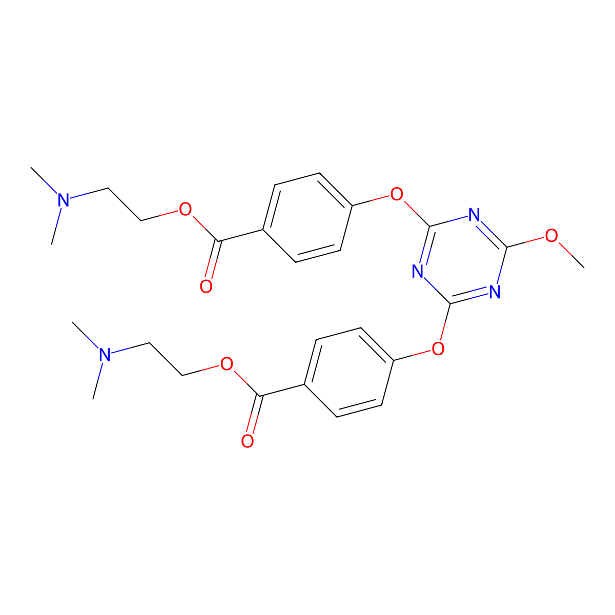 Benzoic acid, 4,4'-((6-methoxy-1,3,5-triazine-2,4-diyl)bis(oxy))bis-, bis(2-(dimethylamino)ethyl) ester molecular structure, CAS 85826-20-6