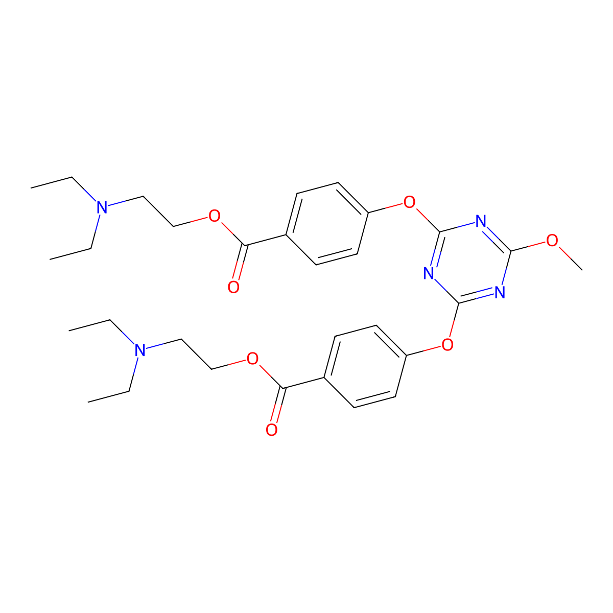 Benzoic acid, 4,4'-((6-methoxy-1,3,5-triazine-2,4-diyl)bis(oxy))bis-, bis(2-(diethylamino)ethyl) ester molecular structure, CAS 85826-21-7