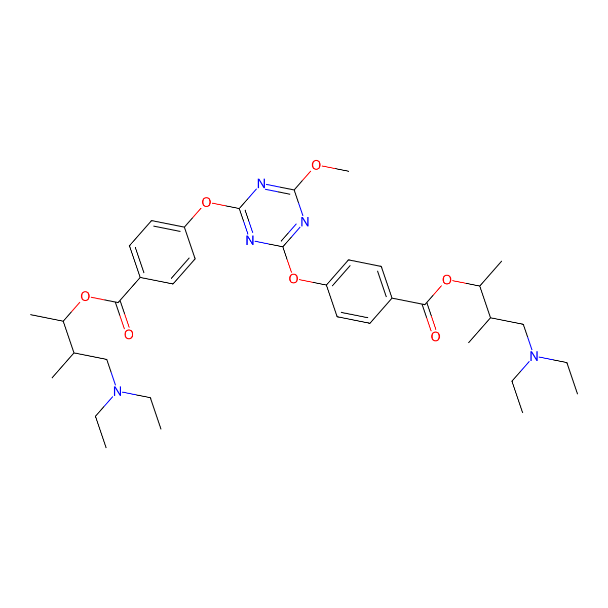 Benzoic acid, 4,4'-((6-methoxy-1,3,5-triazine-2,4-diyl)bis(oxy))bis-, bis(3-(diethylamino)-1,2-dimethylpropyl) ester molecular structure, CAS 85826-22-8