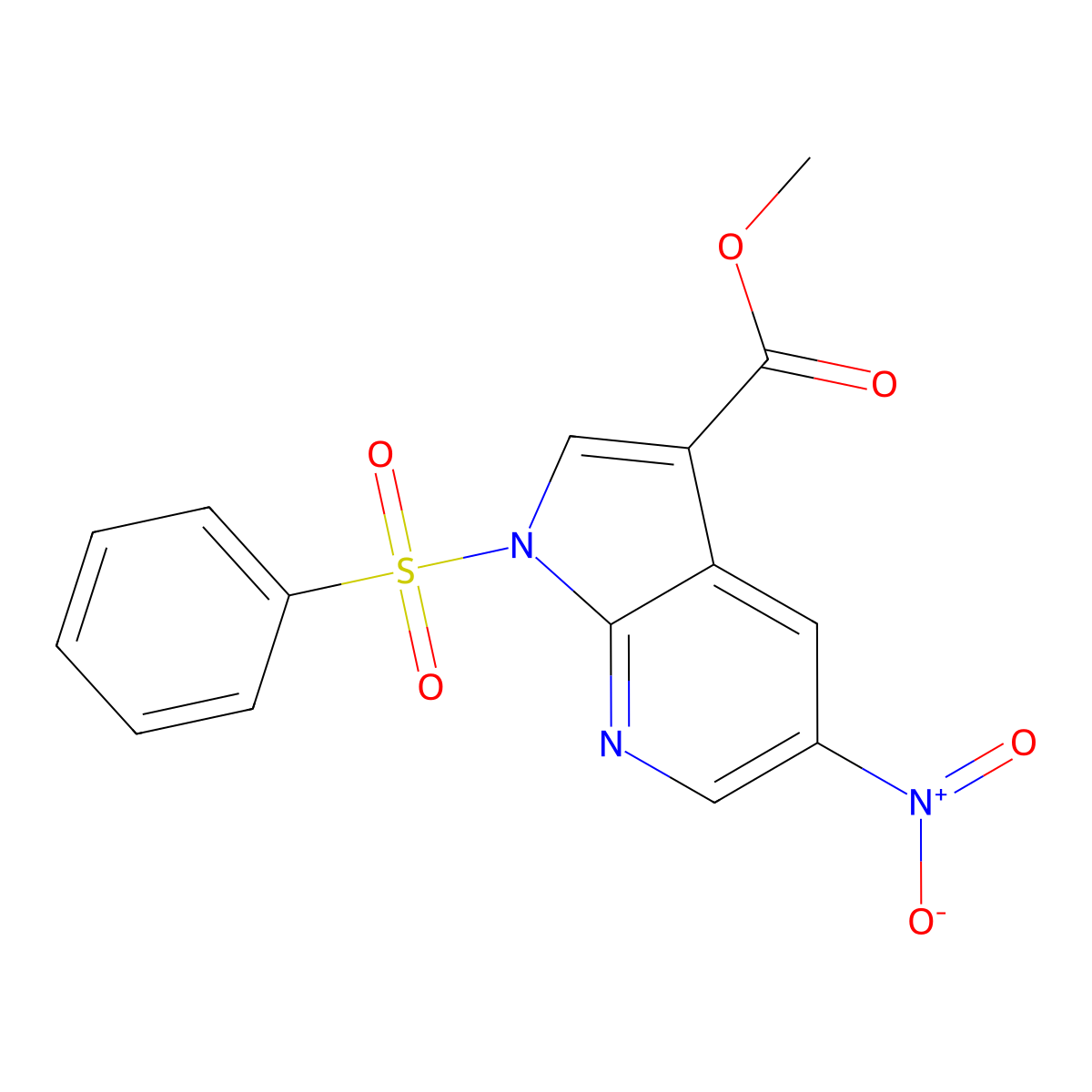 Methyl 5-nitro-1-(phenylsulfonyl)-1H-pyrrolo[2,3-b]pyridine-3-carboxylate molecular structure, CAS 858340-91-7