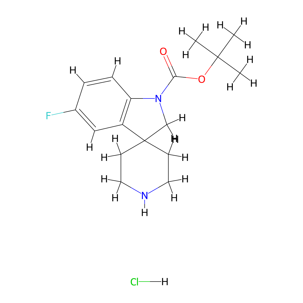 Tert-butyl 5-fluoro-1,2-dihydrospiro(indole-3,4'-piperidine)-1-carboxylate hydrochloride molecular structure, CAS 858351-44-7