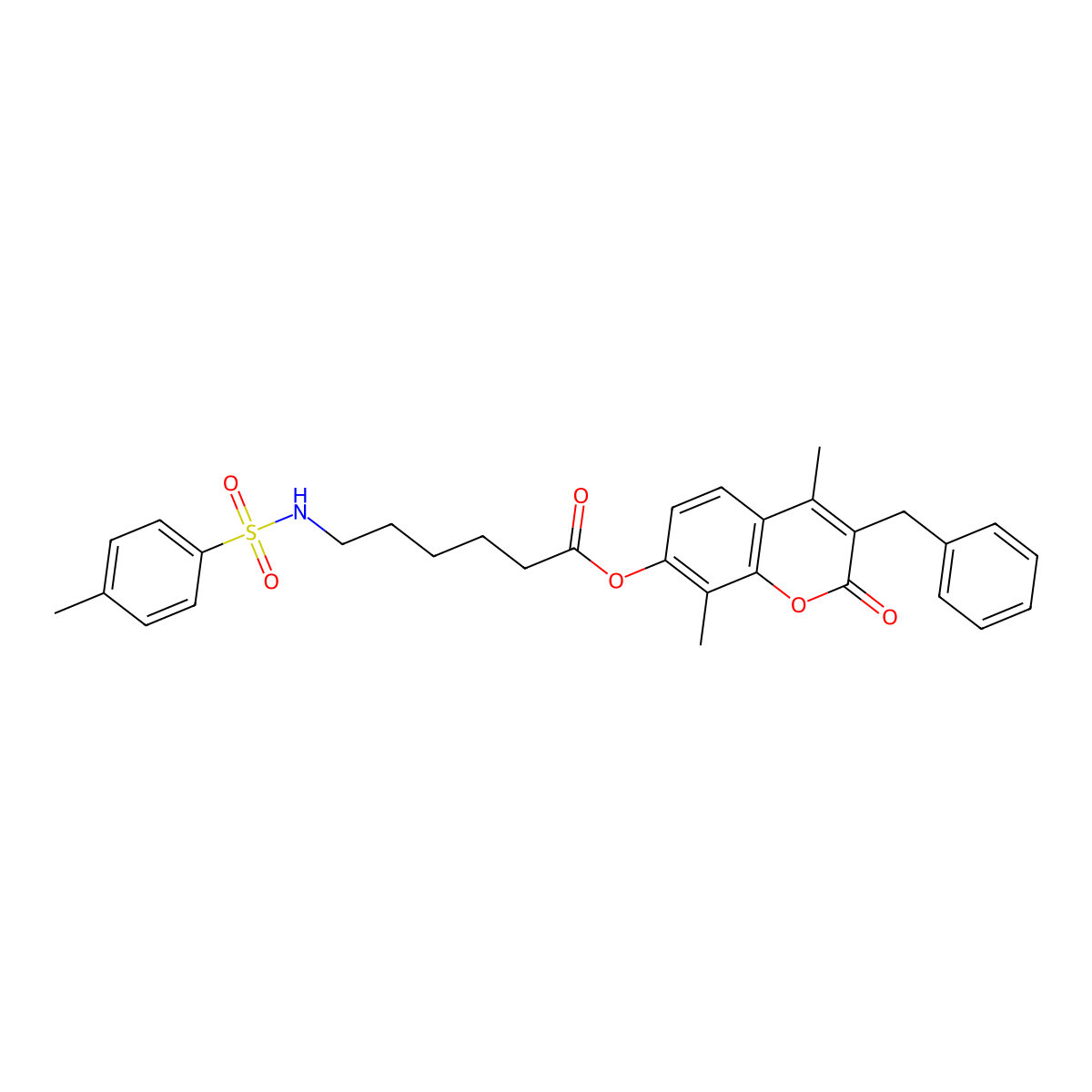 3-benzyl-4,8-dimethyl-2-oxo-2H-chromen-7-yl 6-{[(4-methylphenyl)sulfonyl]amino}hexanoate molecular structure, CAS 858744-98-6