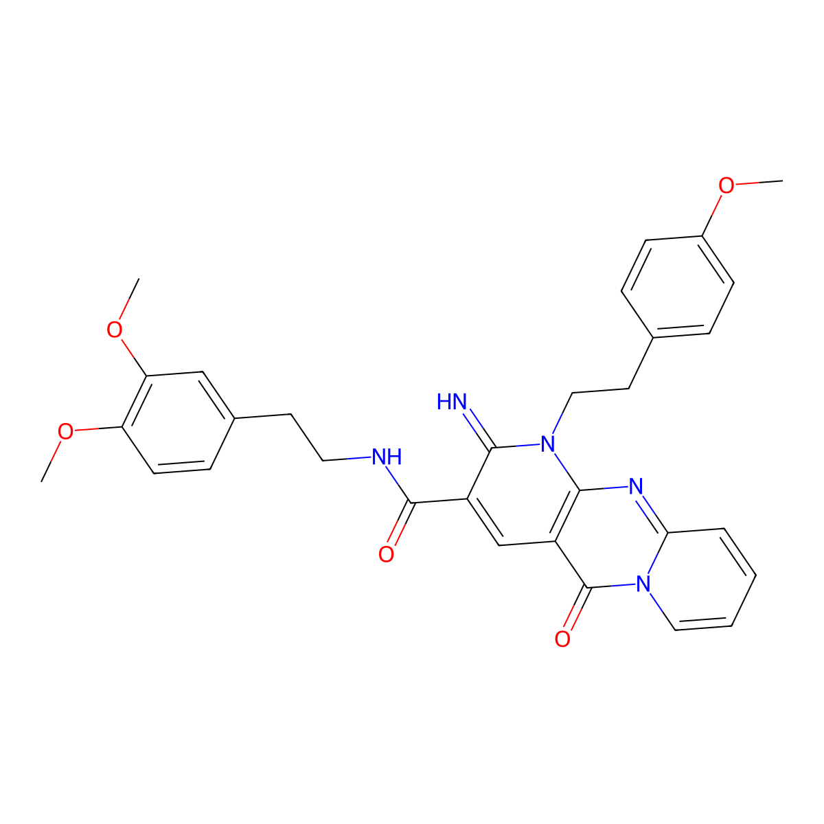 N-[2-(3,4-dimethoxyphenyl)ethyl]-2-imino-1-[2-(4-methoxyphenyl)ethyl]-5-oxo-1,5-dihydro-2H-dipyrido[1,2-a:2',3'-d]pyrimidine-3-carboxamide molecular structure, CAS 858746-23-3