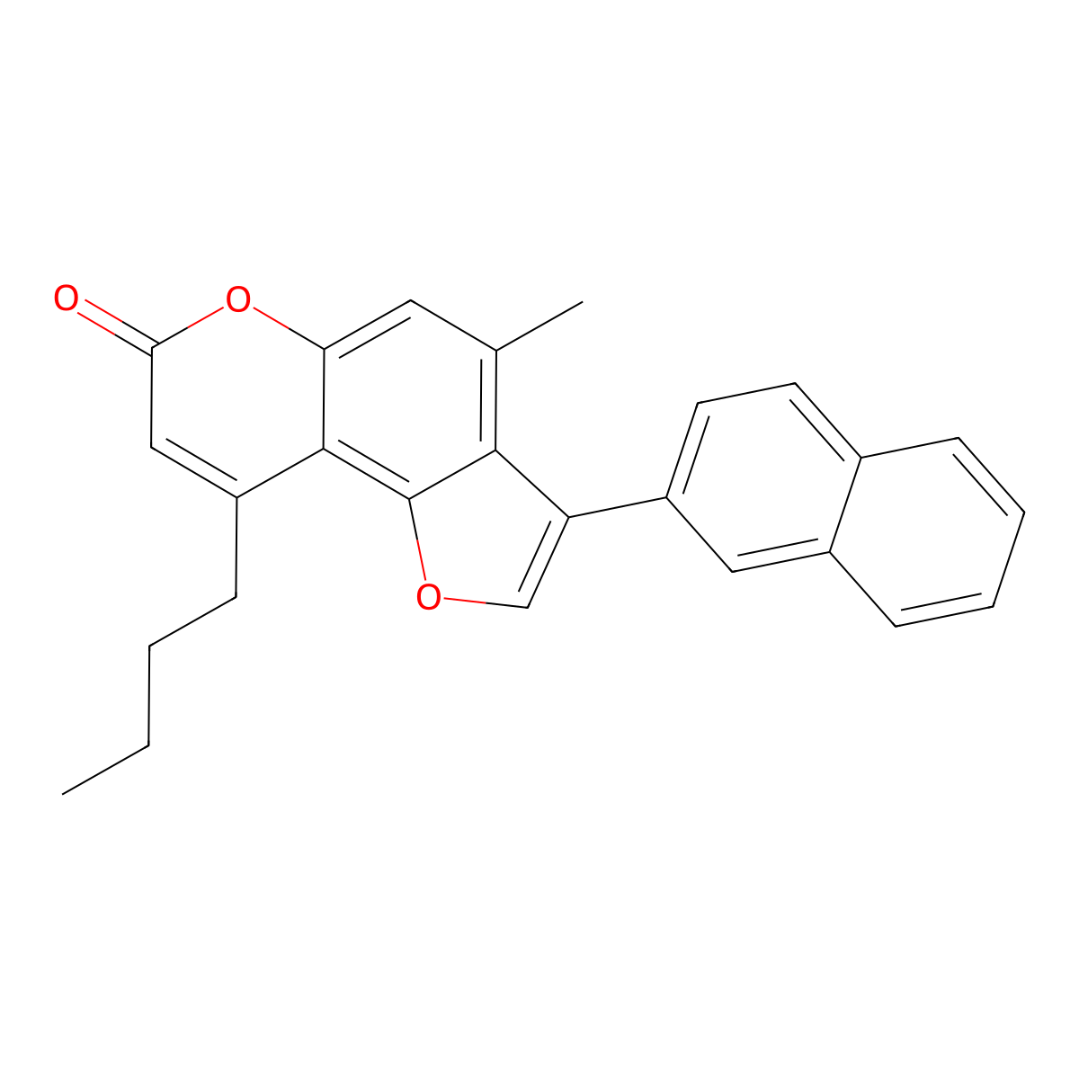 9-butyl-4-methyl-3-(2-naphthyl)-7H-furo[2,3-f]chromen-7-one molecular structure, CAS 858746-85-7