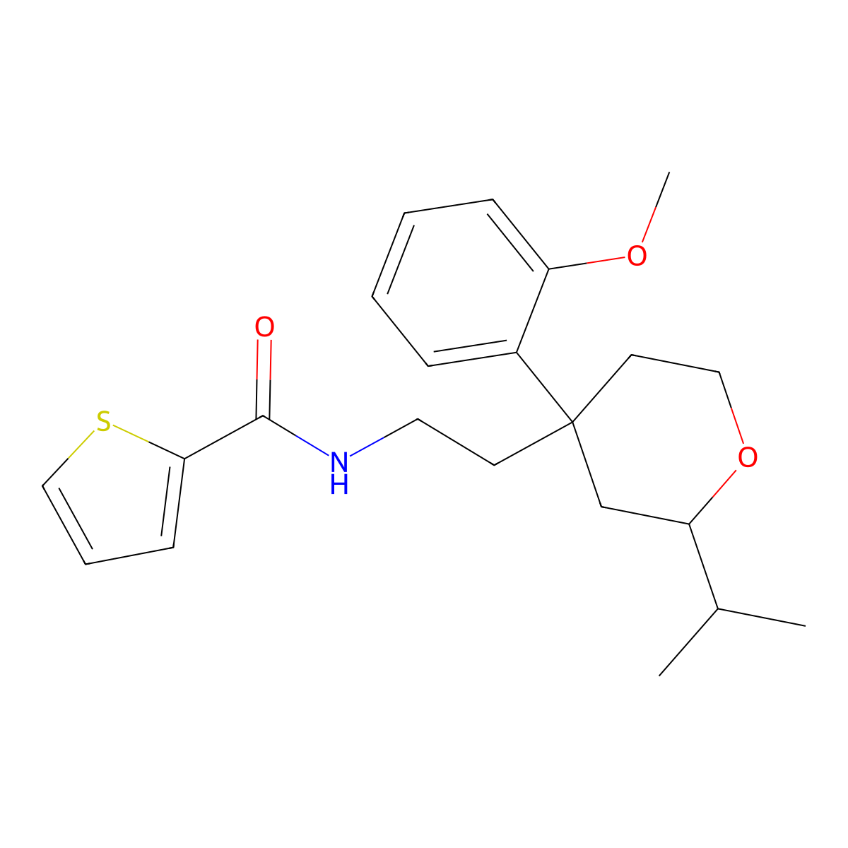 N-(2-(2-isopropyl-4-(2-methoxyphenyl)tetrahydro-2H-pyran-4-yl)ethyl)thiophene-2-carboxamide molecular structure, CAS 858747-47-4