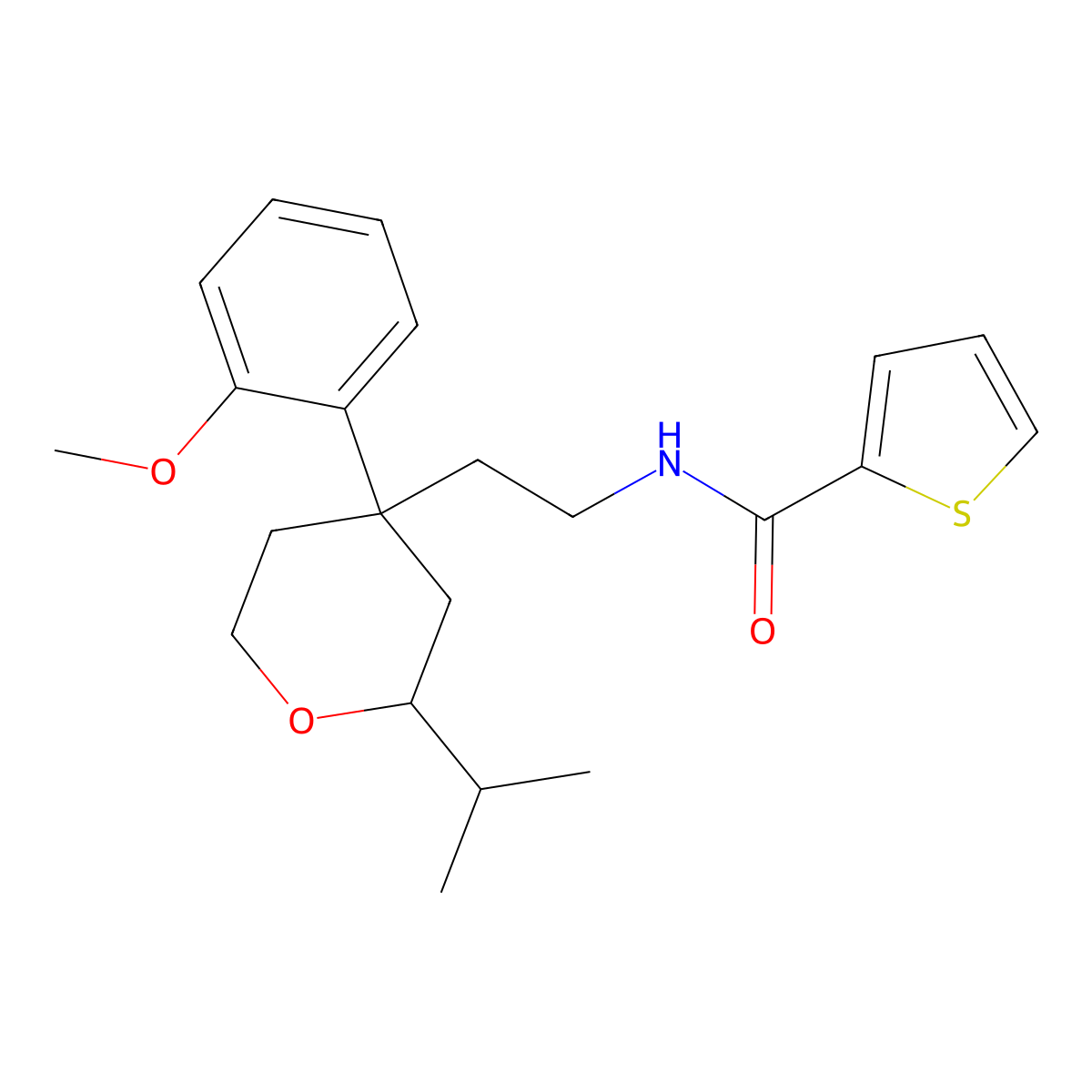N-(2-(2-isopropyl-4-(2-methoxyphenyl)tetrahydro-2H-pyran-4-yl)ethyl)thiophene-2-carboxamide molecular structure, CAS 858747-47-4