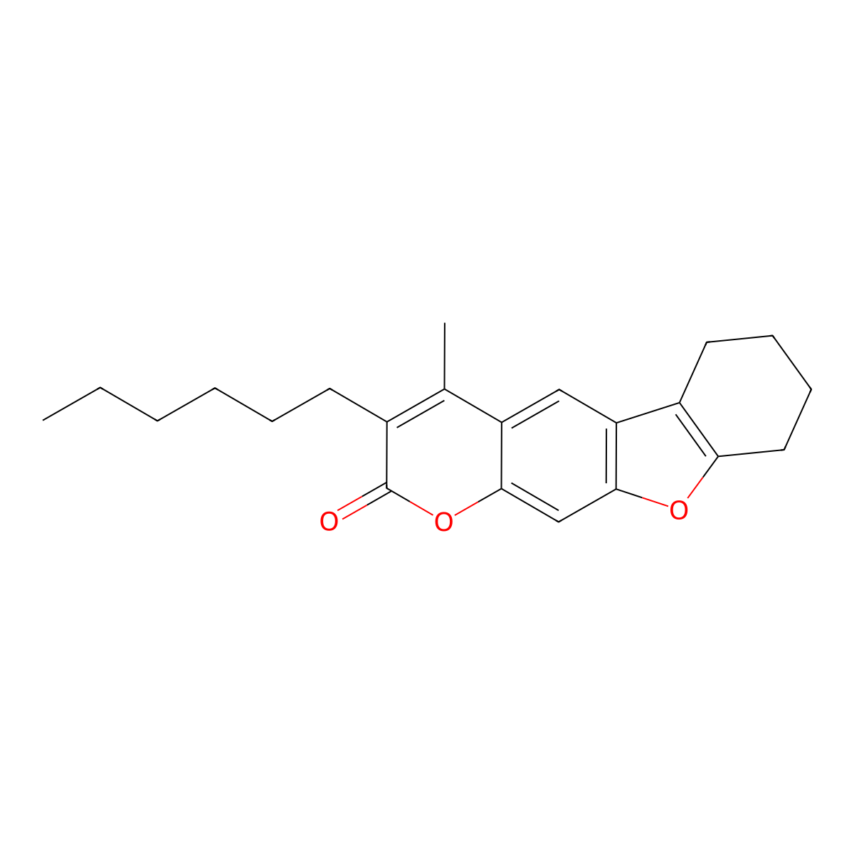 3-hexyl-4-methyl-6,7,8,9-tetrahydro-2H-[1]benzofuro[3,2-g]chromen-2-one molecular structure, CAS 858748-71-7